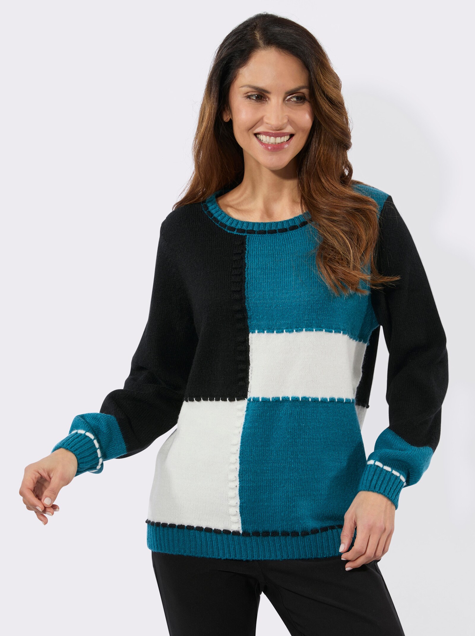 Langarm-Pullover in Colour-Blocking-Optik - aquapetrol-schwarz