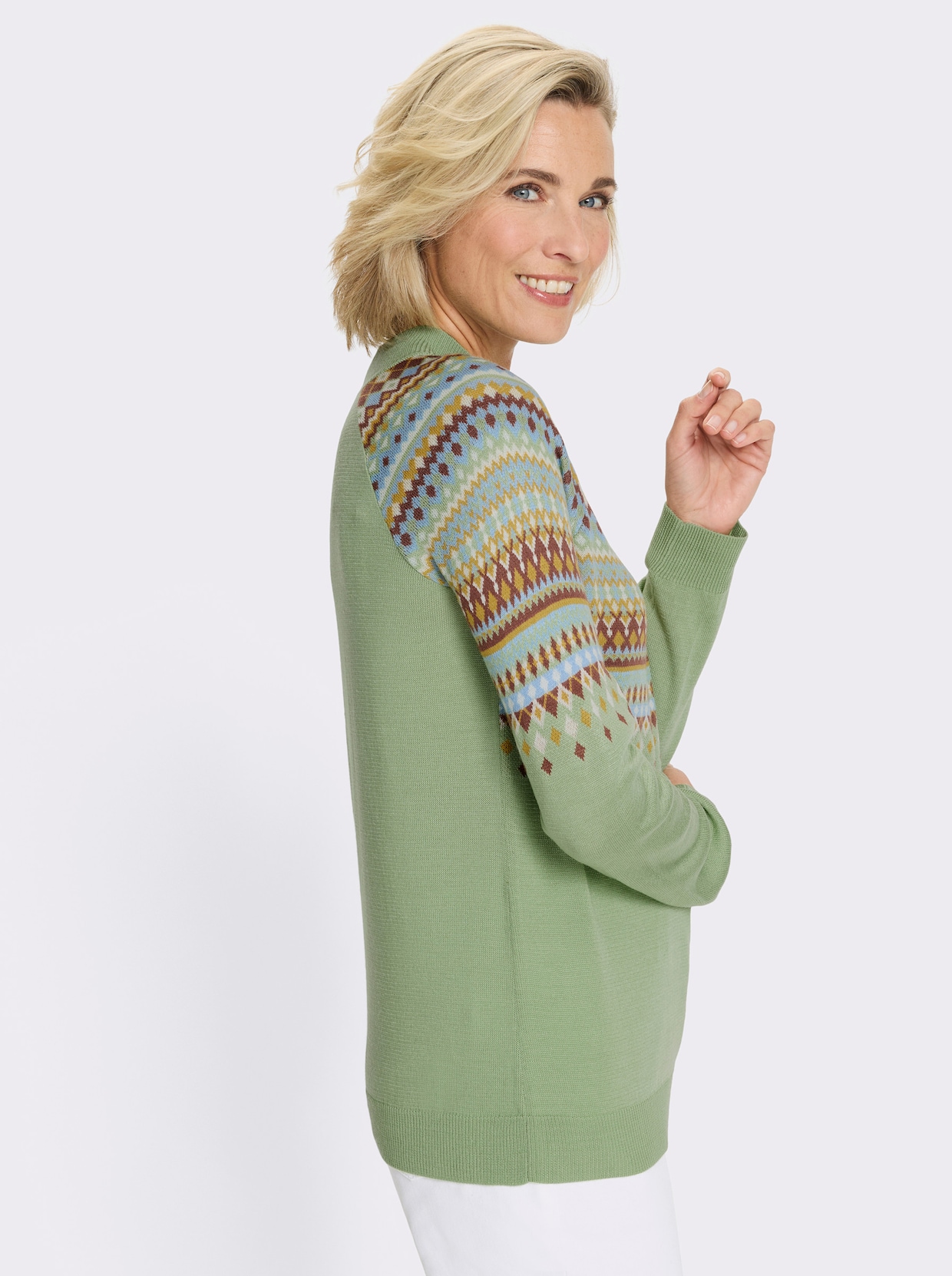 Norwegerpullover mit Raglan-Ärmeln - eucalyptus-ocker-gemustert