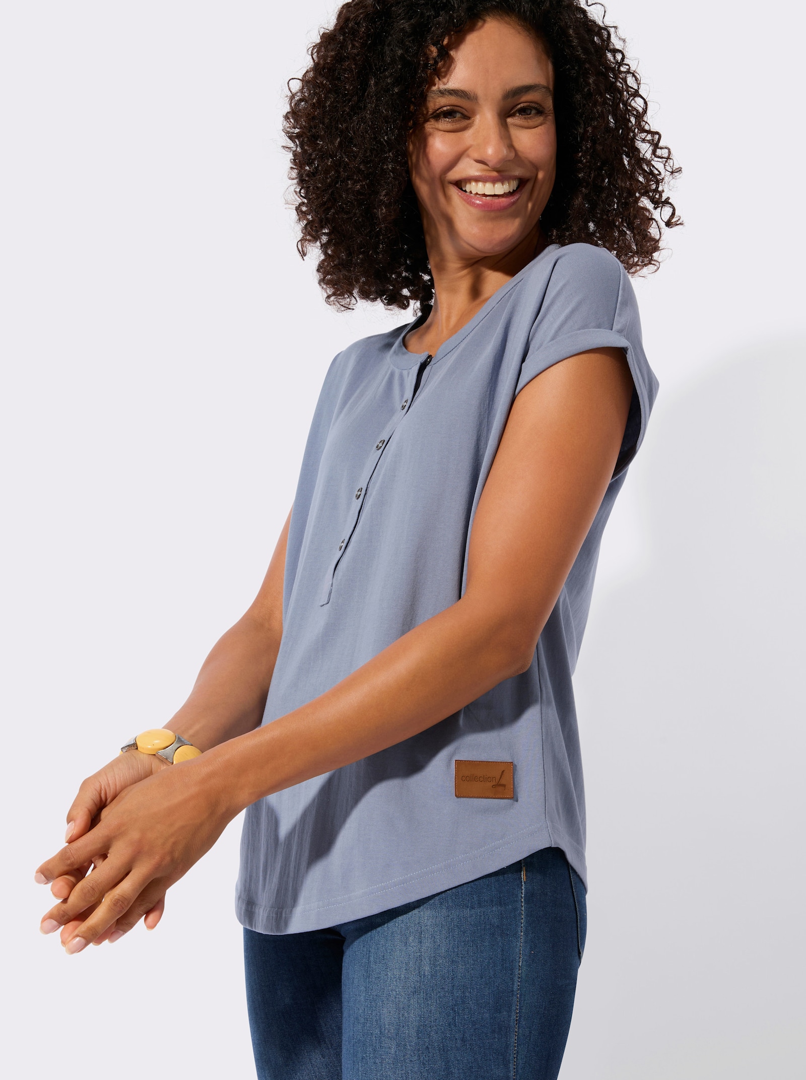 Rundhalsshirt mit Knopfleiste - taubenblau