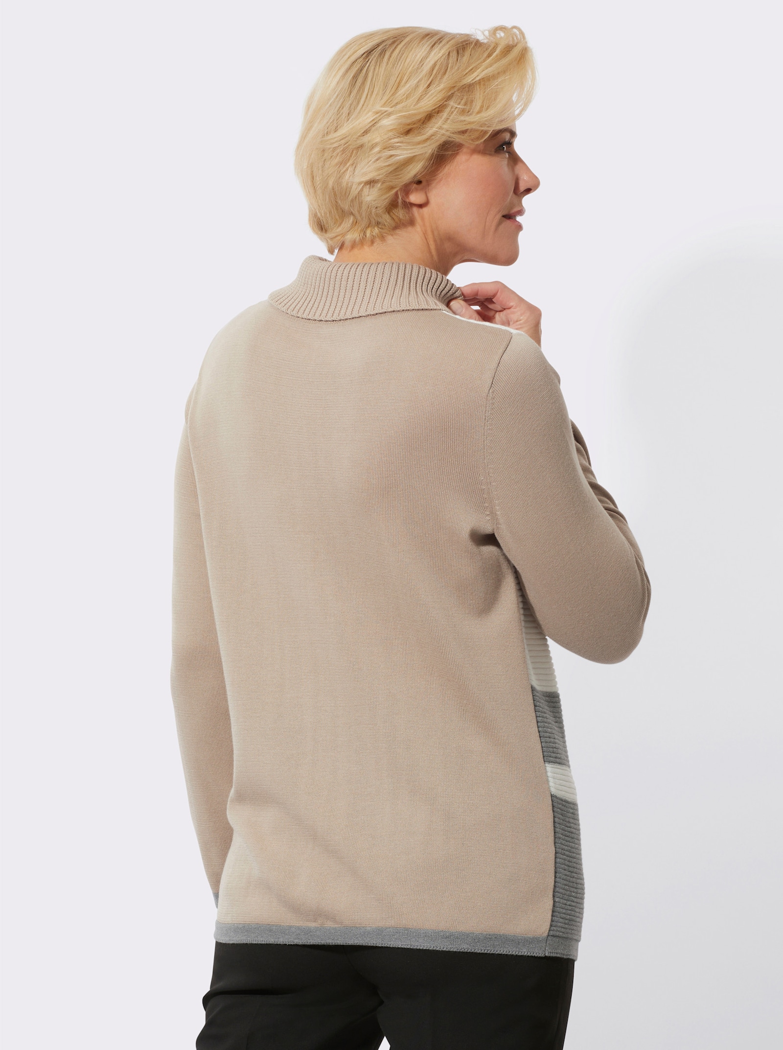 Rollkragenpullover mit halsfernem Rollkragen - sesam-grau-gemustert