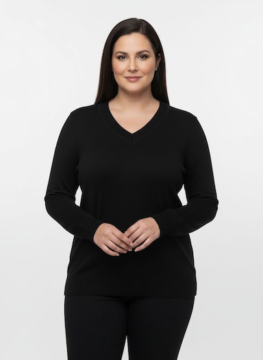 V-Ausschnitt-Pullover aus Feinstrick - schwarz