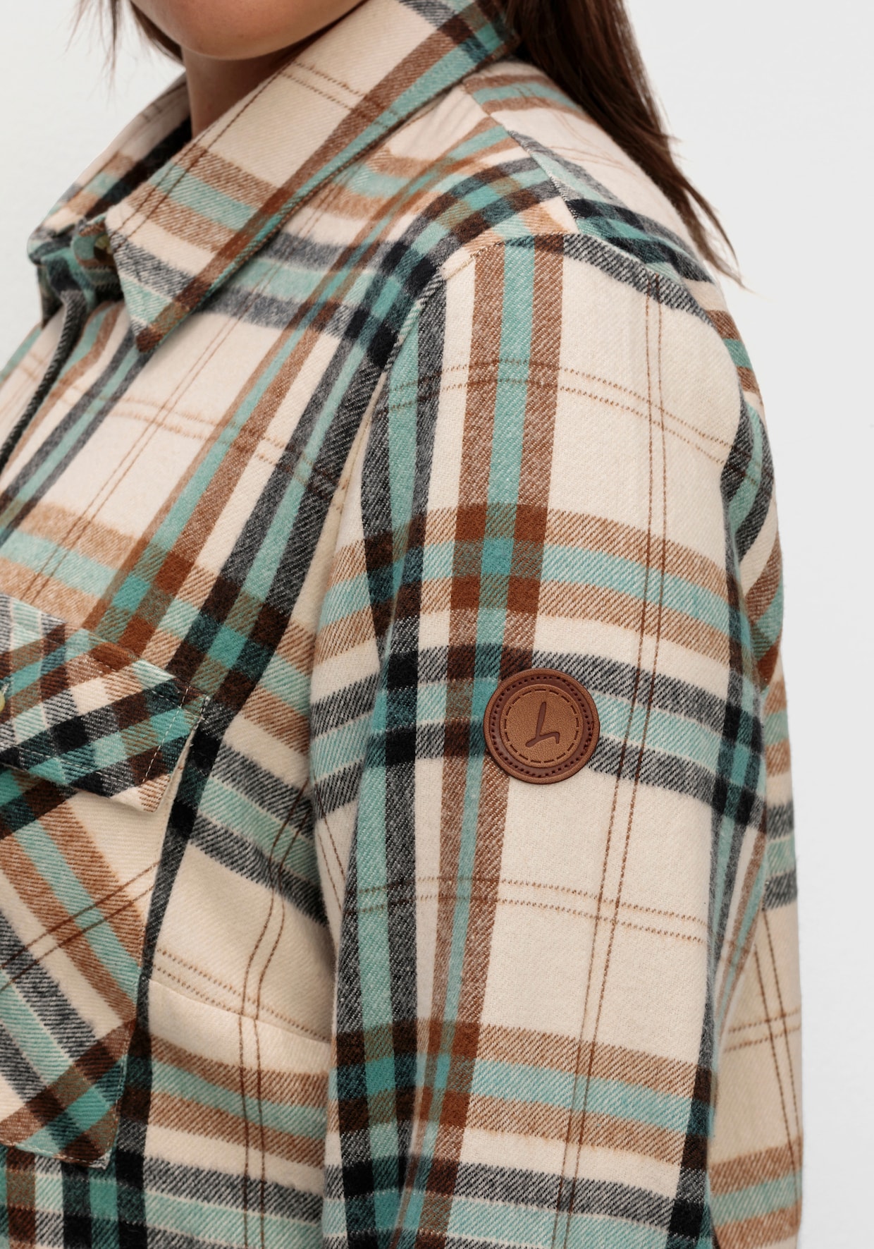 Flanellbluse mit mehrfarbigem Webkaro - jade-elfenbein-kariert