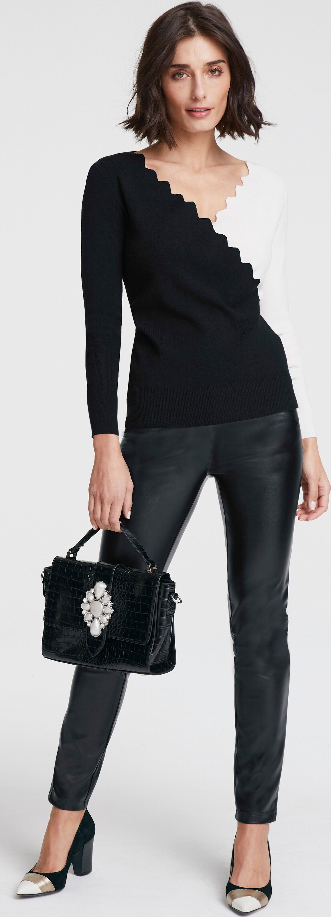 heine Pullover met V-hals - zwart/offwhite
