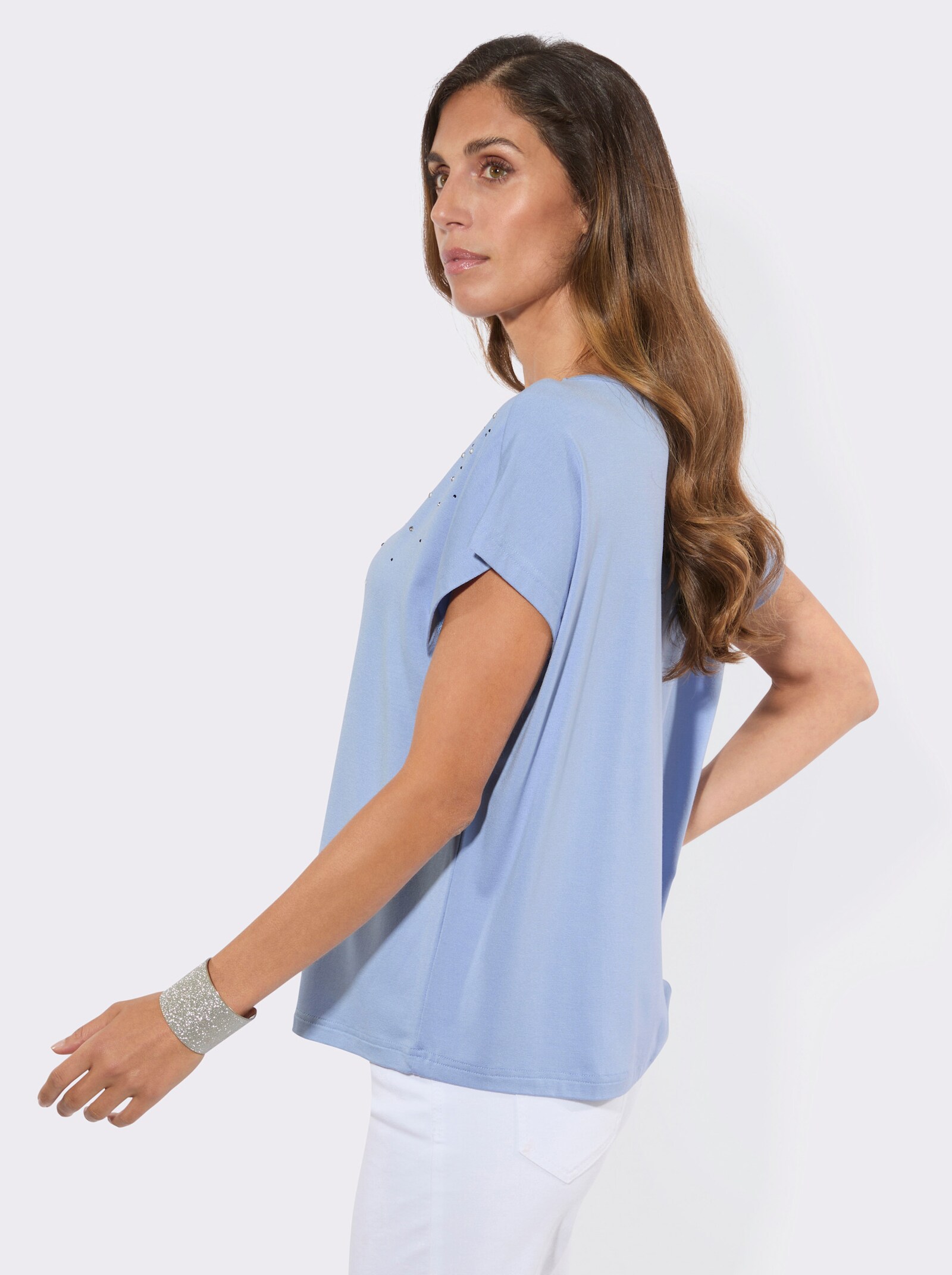 Kurzarmshirt mit funkelnden Glitzersteinchen - himmelblau