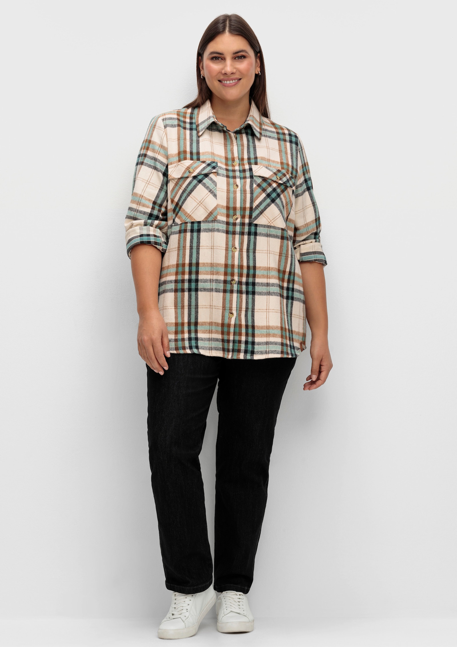 Flanellbluse mit mehrfarbigem Webkaro - jade-elfenbein-kariert