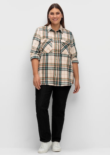 Flanellbluse mit mehrfarbigem Webkaro - jade-elfenbein-kariert