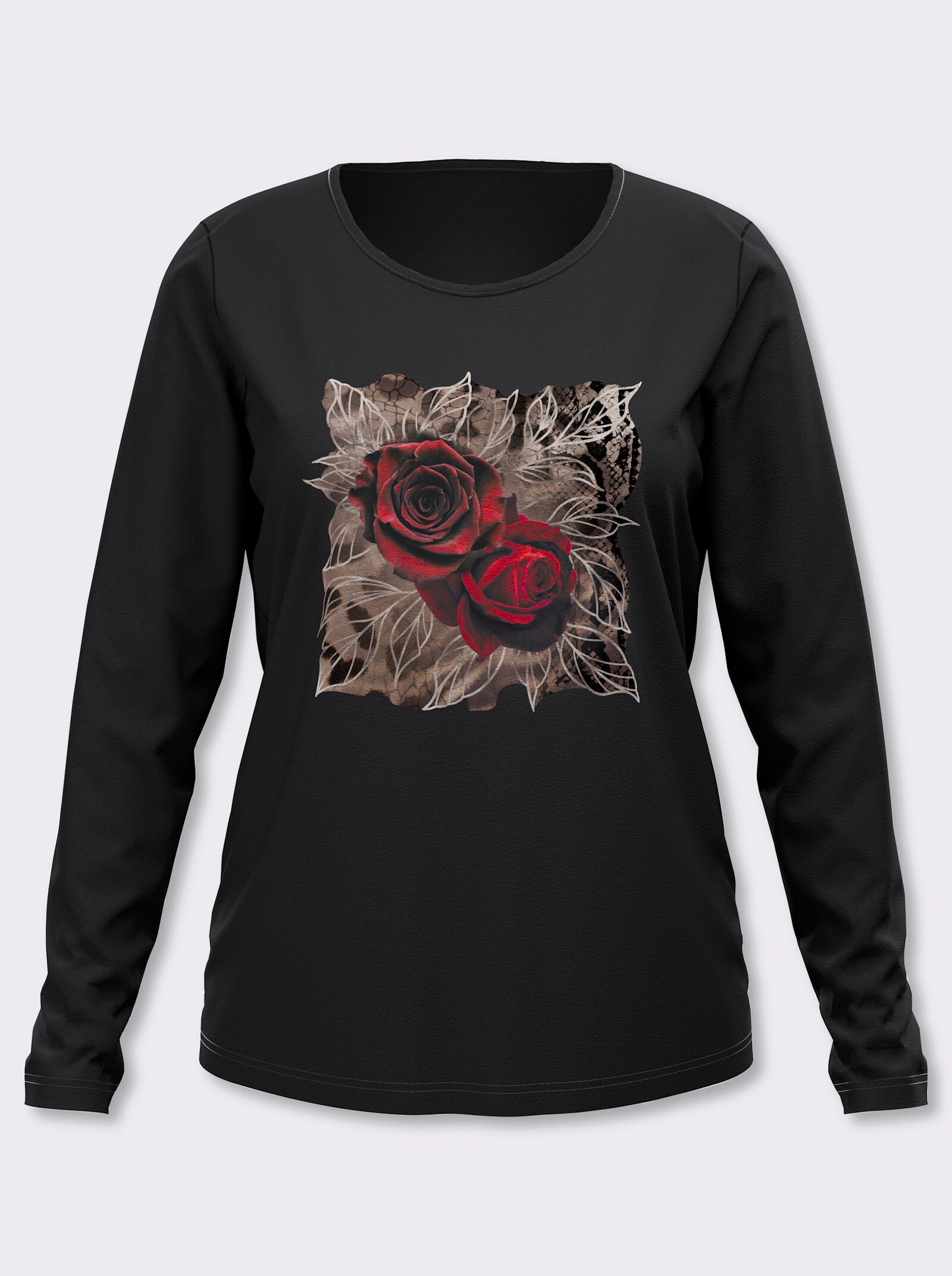 Langarmshirt mit platziertem Rosen-Leo-Print - schwarz