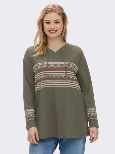 sheego Shirt - khaki-beige-bedruckt