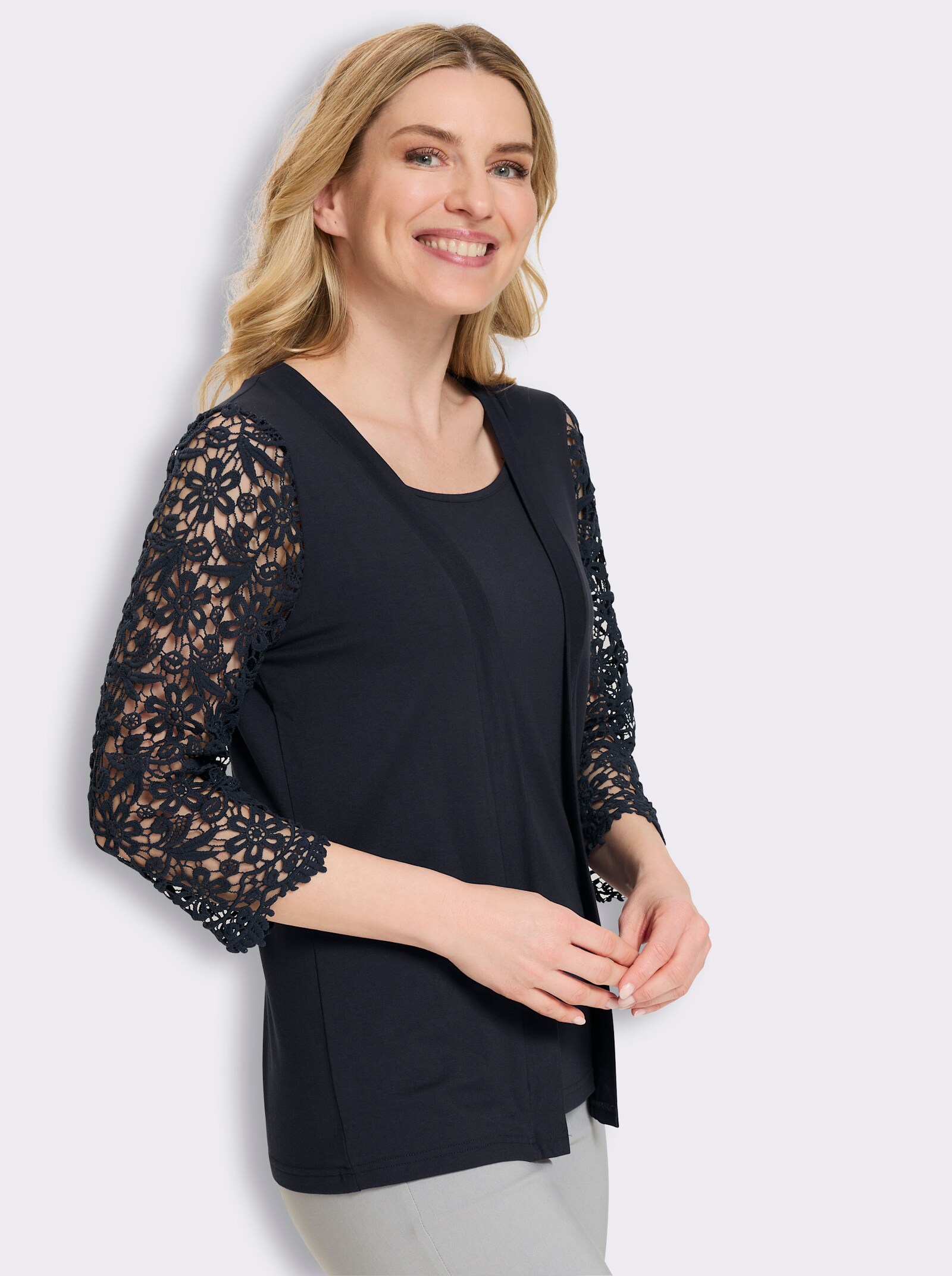 2-in-1-Shirt mit Ärmeln aus Spitze - marine