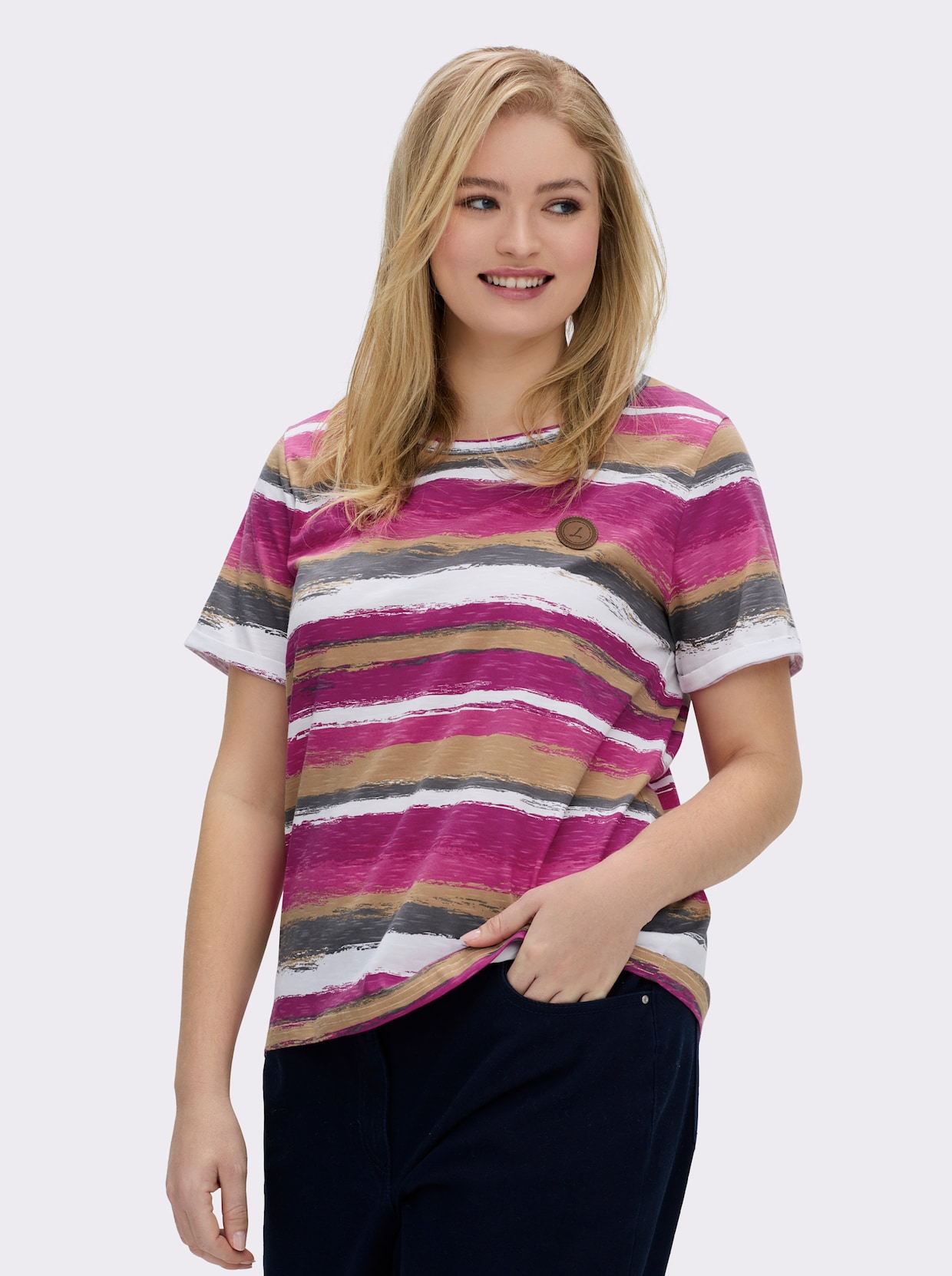 Streifenshirt mit Lederimitat-Details - magenta-camel-bedruckt