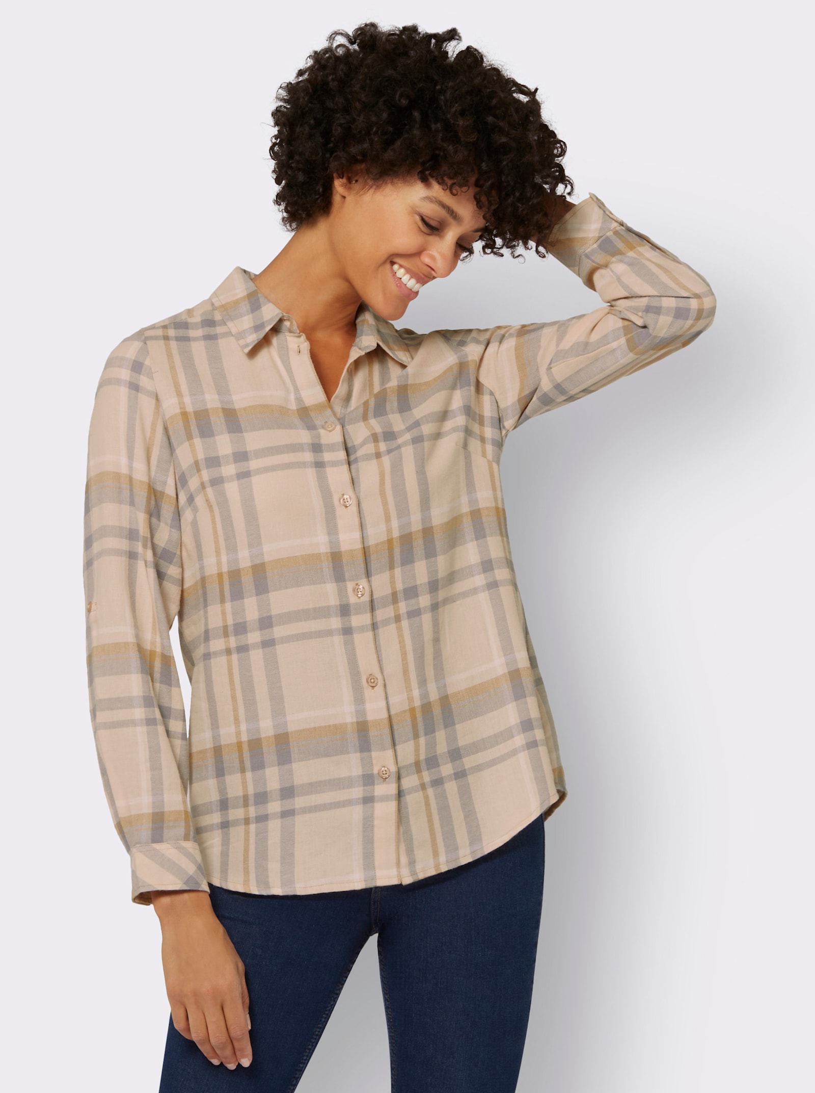 Flanellbluse mit krempelbaren Ärmeln - camel-steingrau-kariert