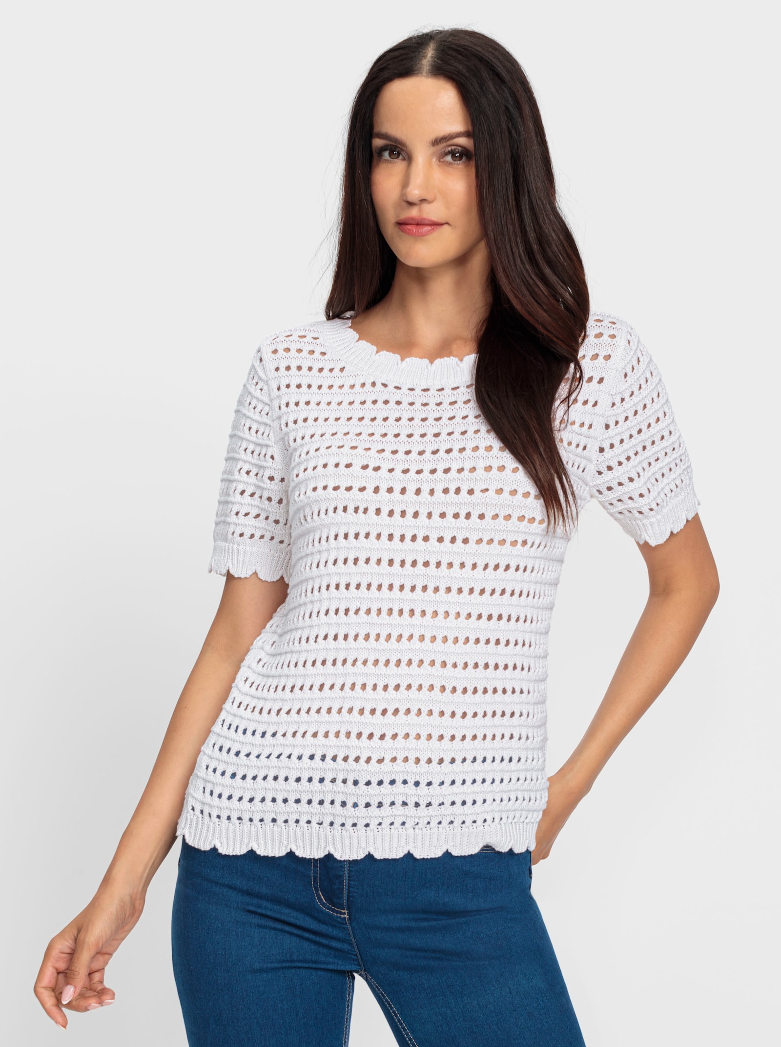 heine Pullover met korte mouwen en ajourpatroon - wit