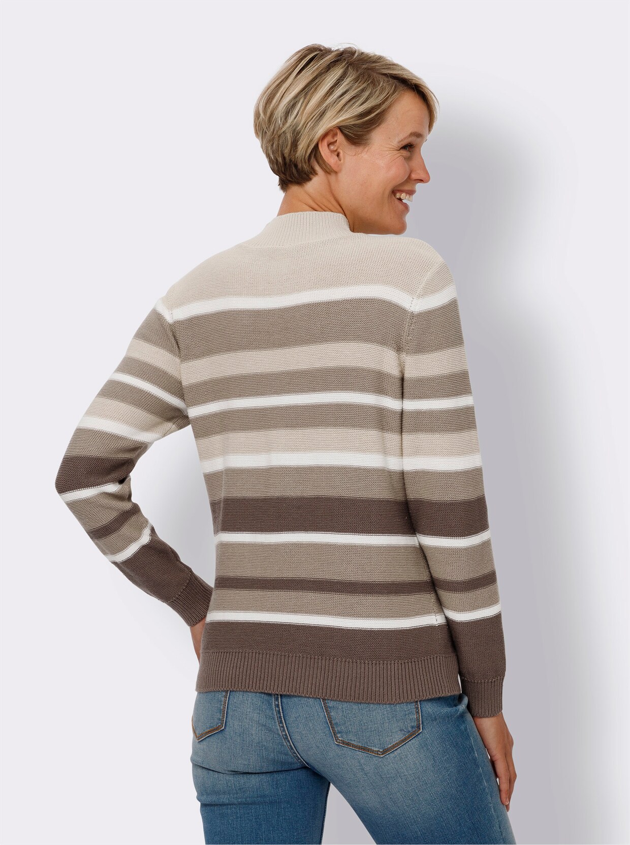 Stehkragenpullover - sesam-ecru-gestreift