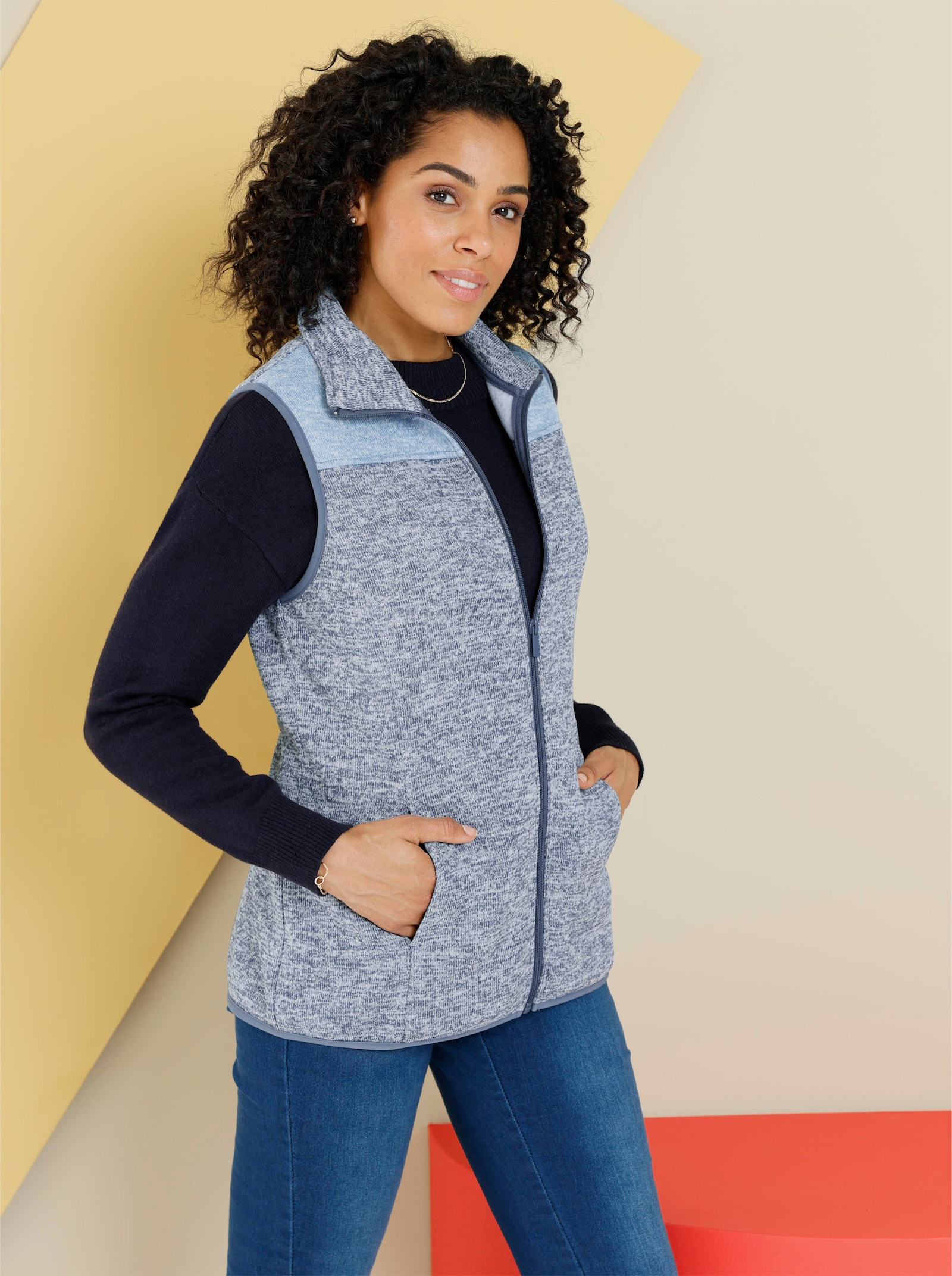 Fleeceweste innen weich angeraut - rauchblau-ecru-meliert