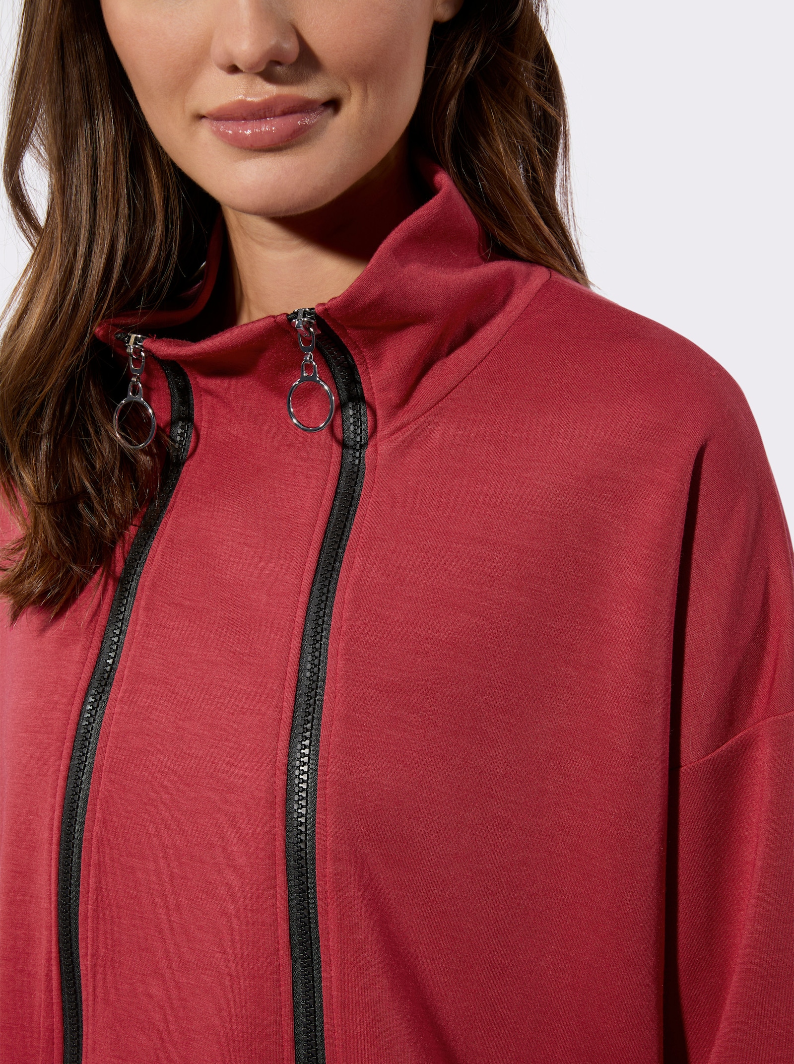 Sweatjacke mit 2 Kontrast-Reißverschlüssen - kirsche