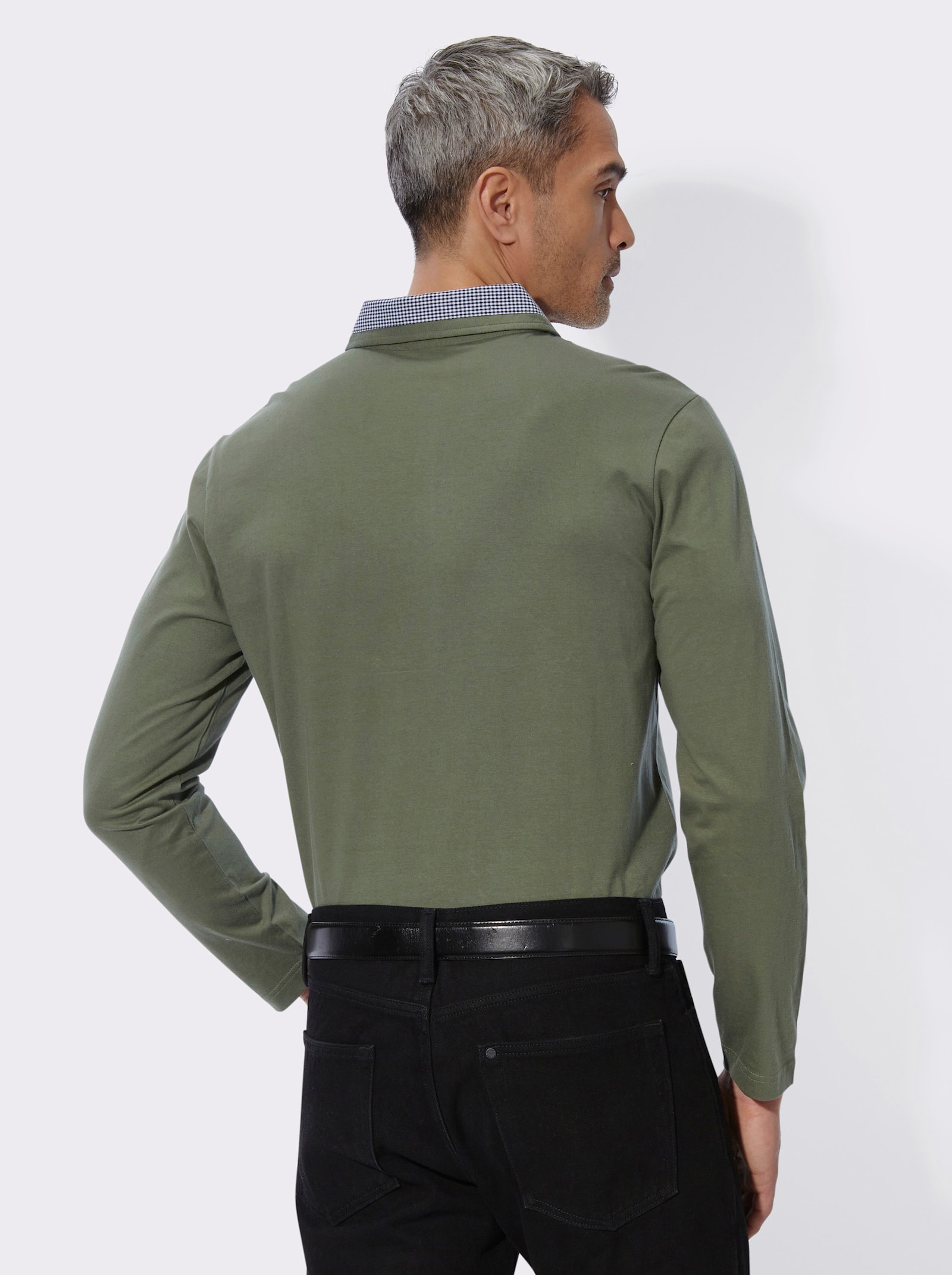Langarm-Poloshirt mit Webkaro-Details - khaki