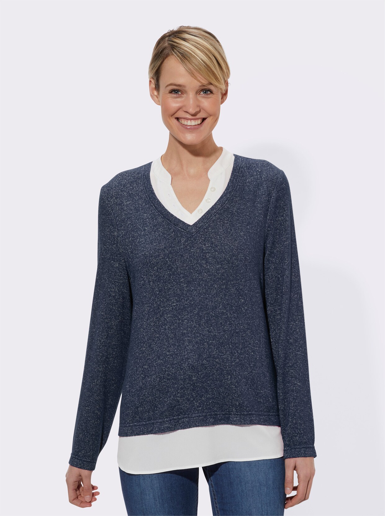 2-in-1-Langarmshirt - marine-meliert