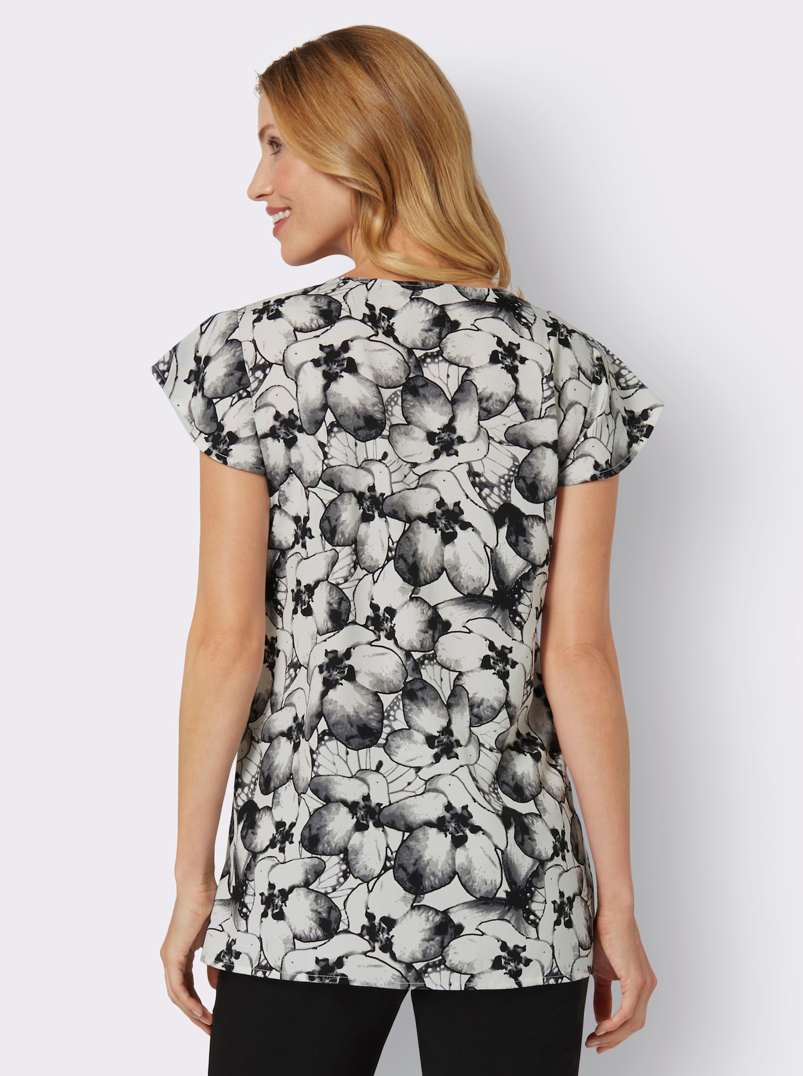 Longbluse mit Volant am V-Ausschnitt - ecru-anthrazit-bedruckt