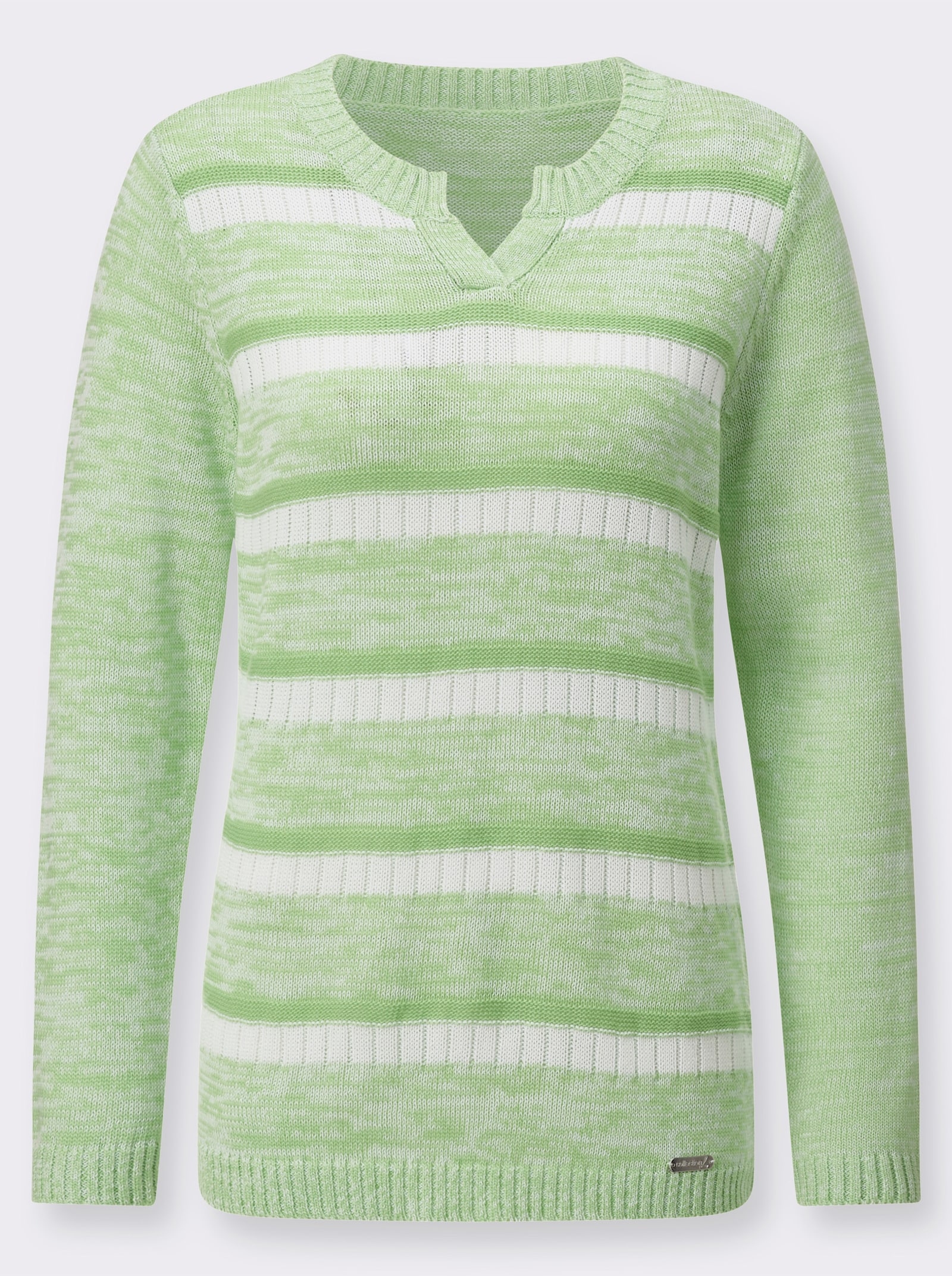 Langarm-Pullover im Ringel-Dessin - reseda-weiss-gemustert