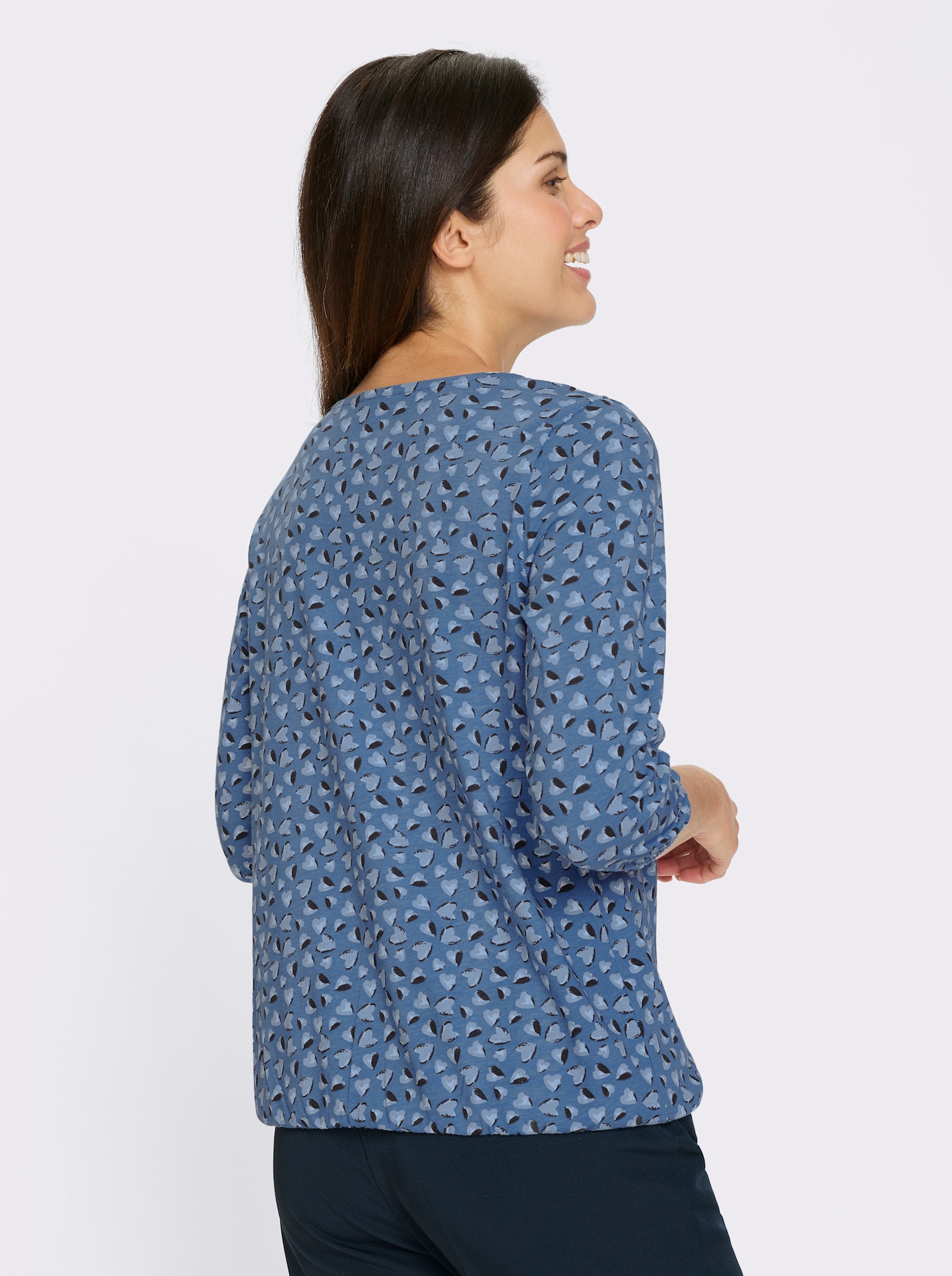 Tričko s 3/4 rukávem a srdíčkovým vzorem - střední modrá-ecru-potisk