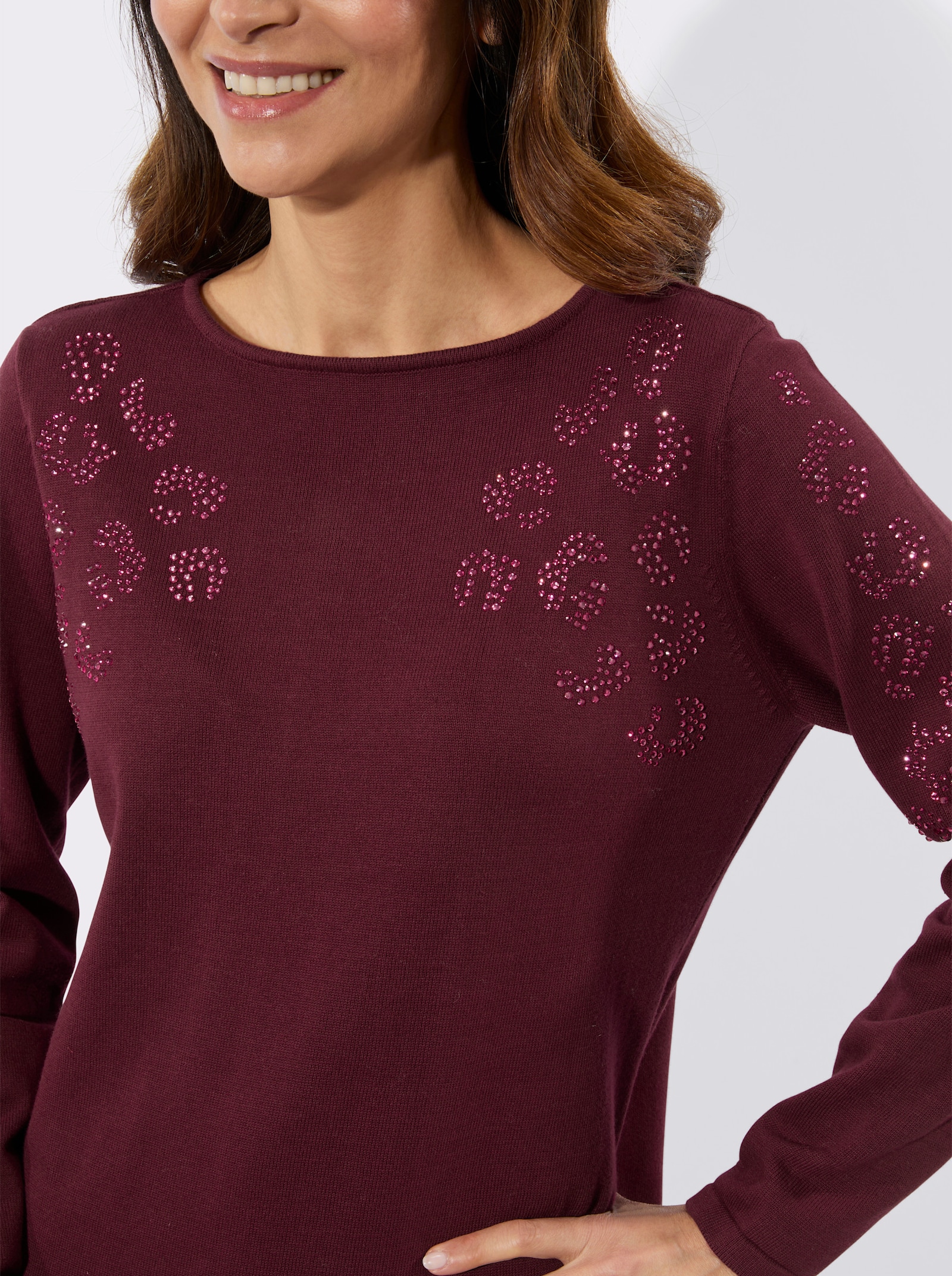 Feinstrickpullover mit Glitzersteinchen - bordeaux