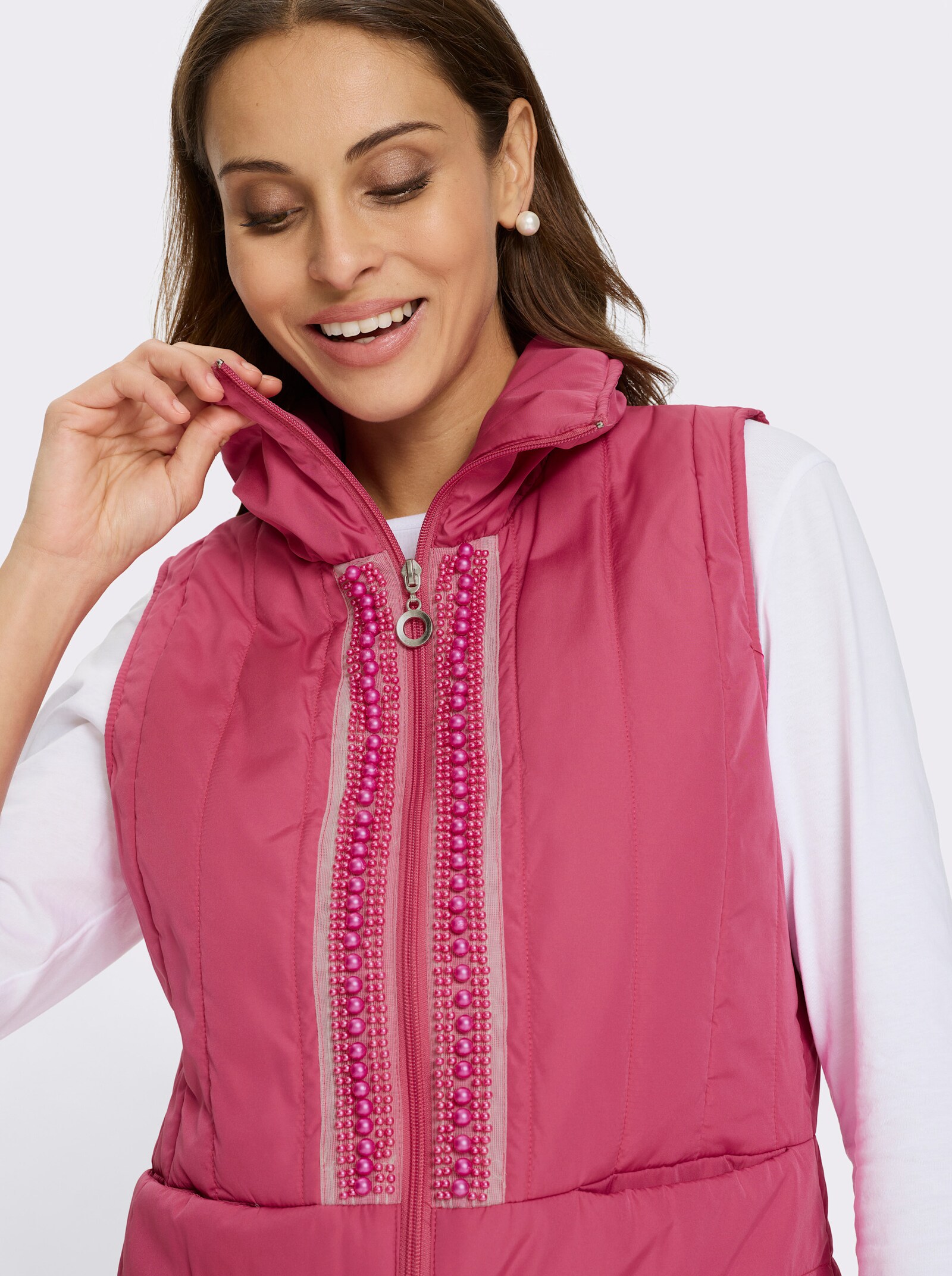 Steppweste mit Zierperlen am Reißverschluss - fuchsia