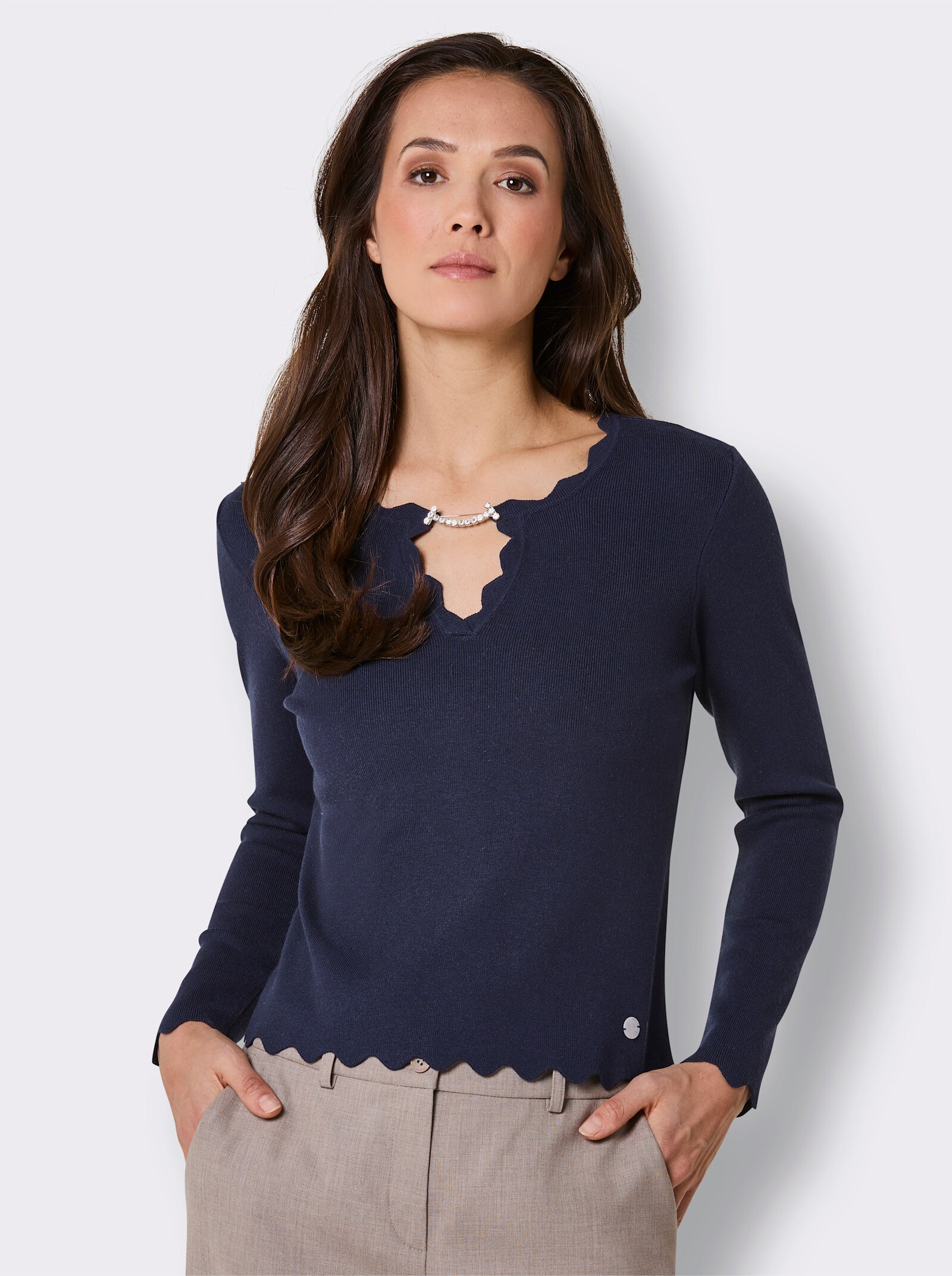 CREATION L PREMIUM Langarm-Pullover mit abnehmbarer Spange - marine