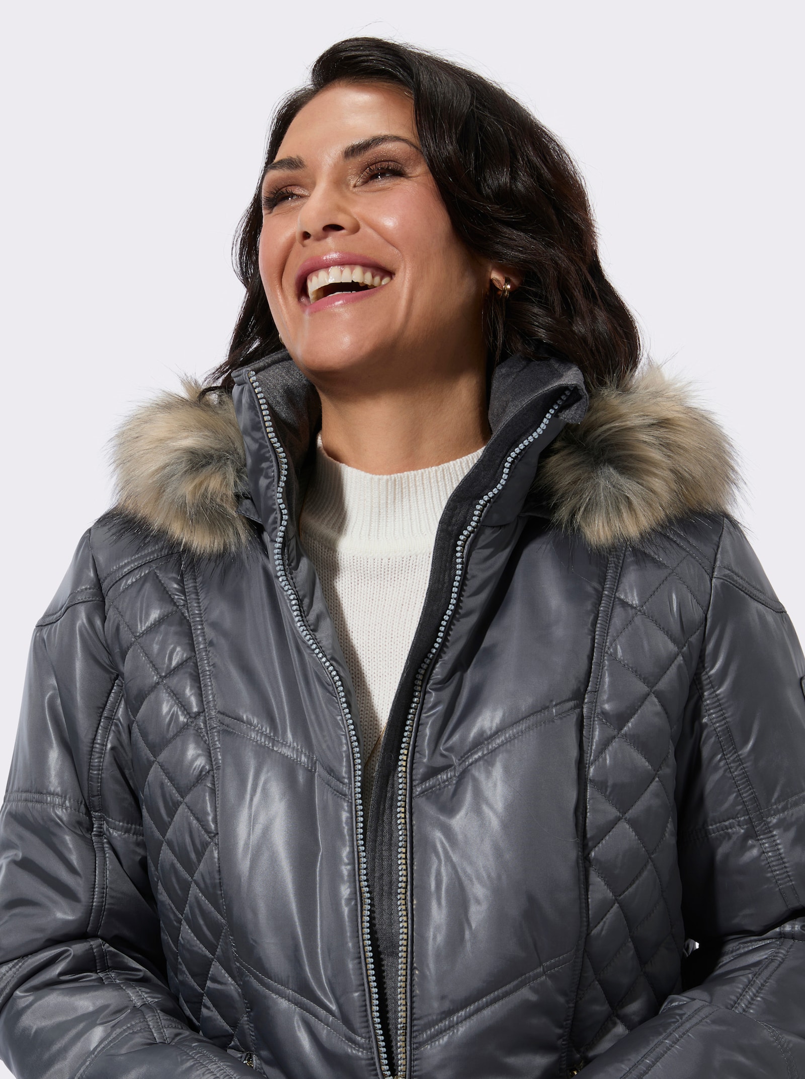 Steppjacke mit Kapuze mit Pelz-Imitat - anthrazit