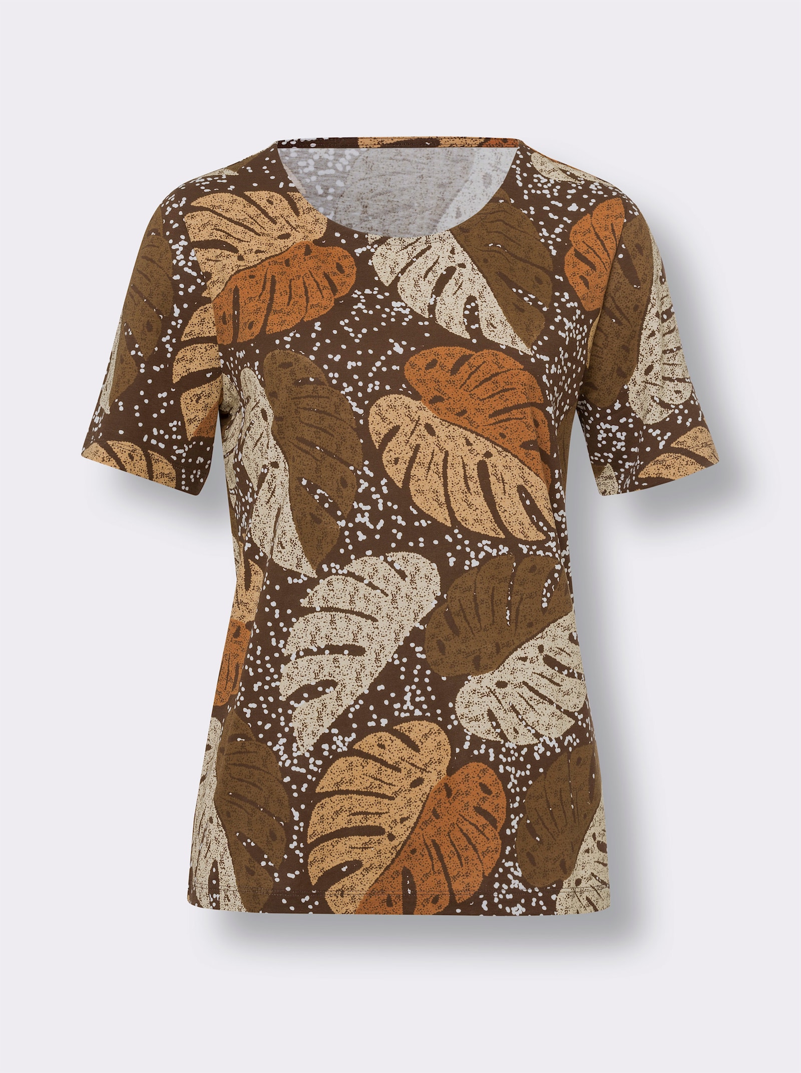 Shirt met korte mouwen en bladerprint - chocolade/wit bedrukt