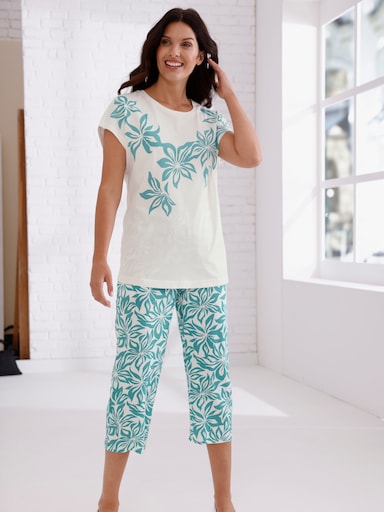 Kurzarmshirt mit Blumen-Druck im Vorderteil - ecru-ozean