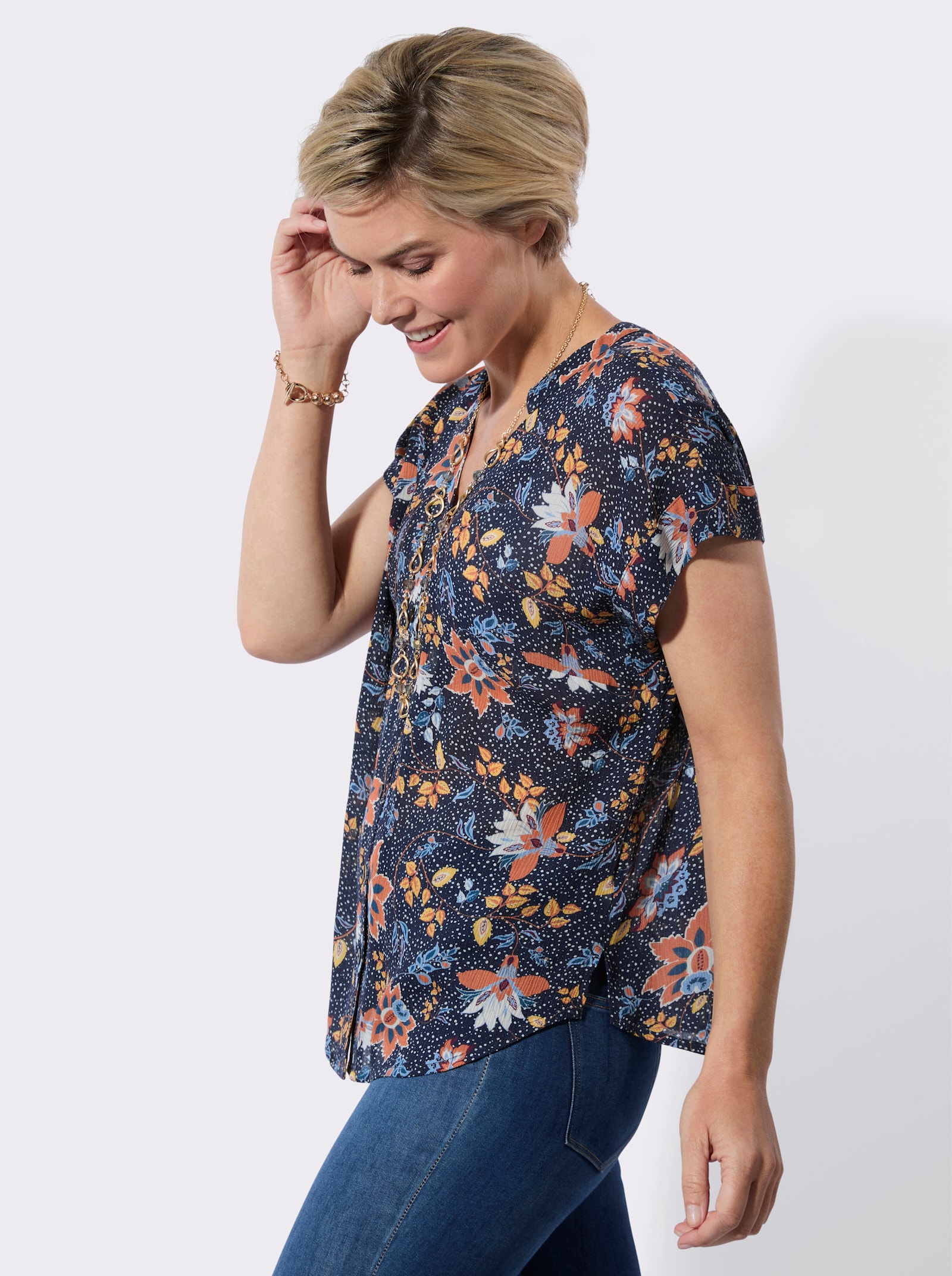 Kurzarmbluse in strukturierter Qualität - marine-gelb-bedruckt