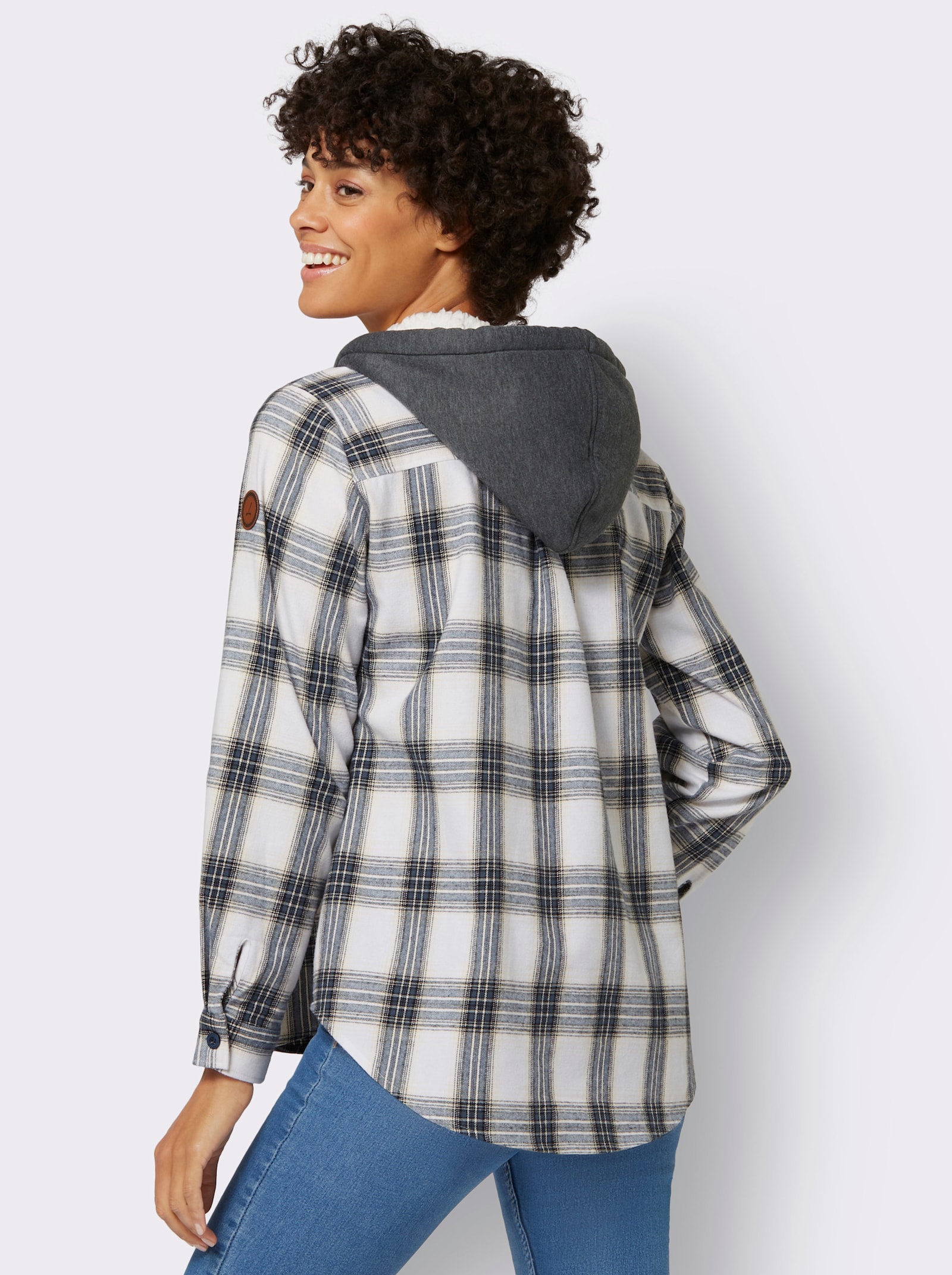 Flanellen blouse met capuchon - wit/donkerblauw geruit