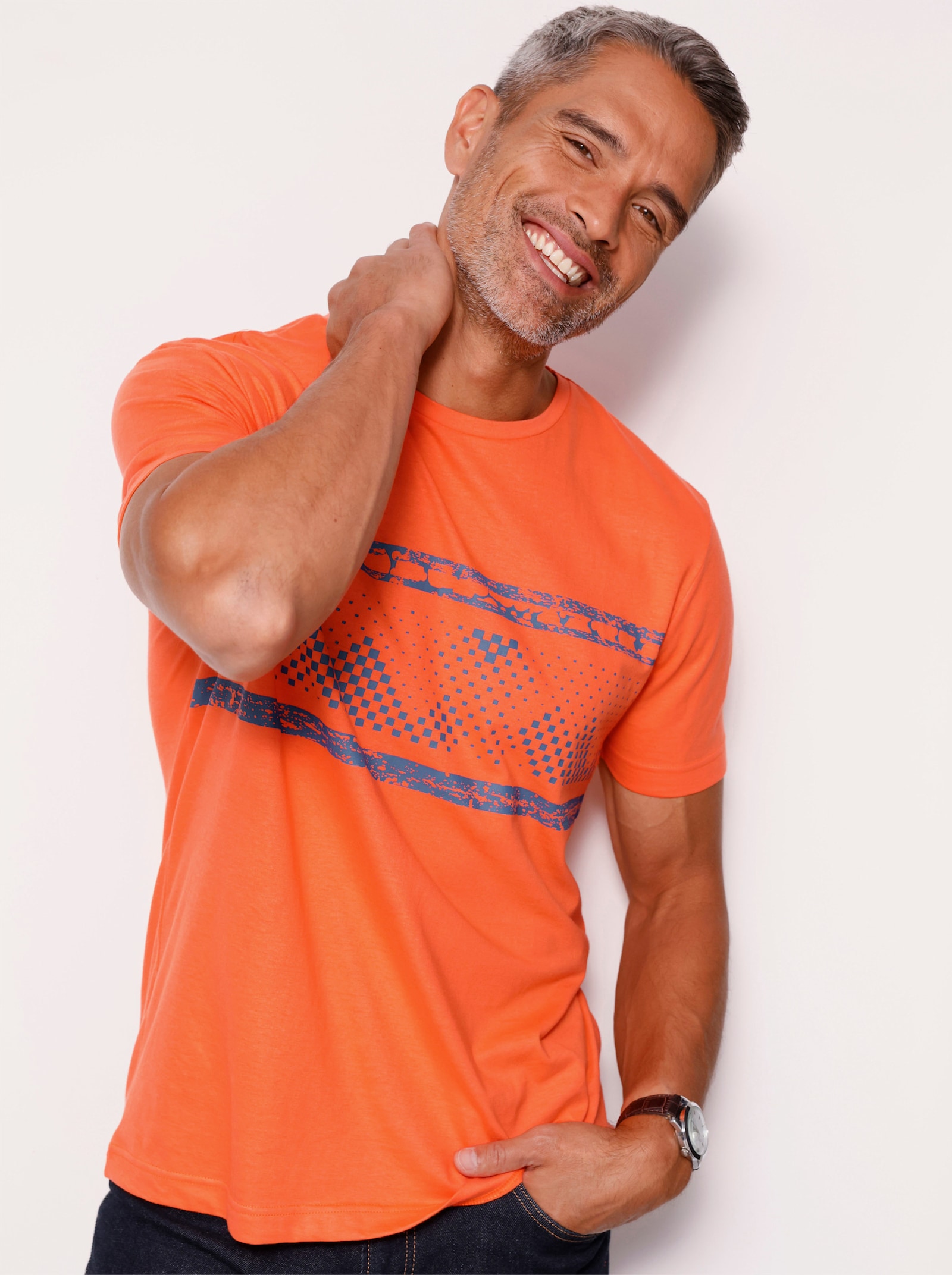 Tričko, okr. výstrih, potlač vpredu - Oranžová-džínsová modrá