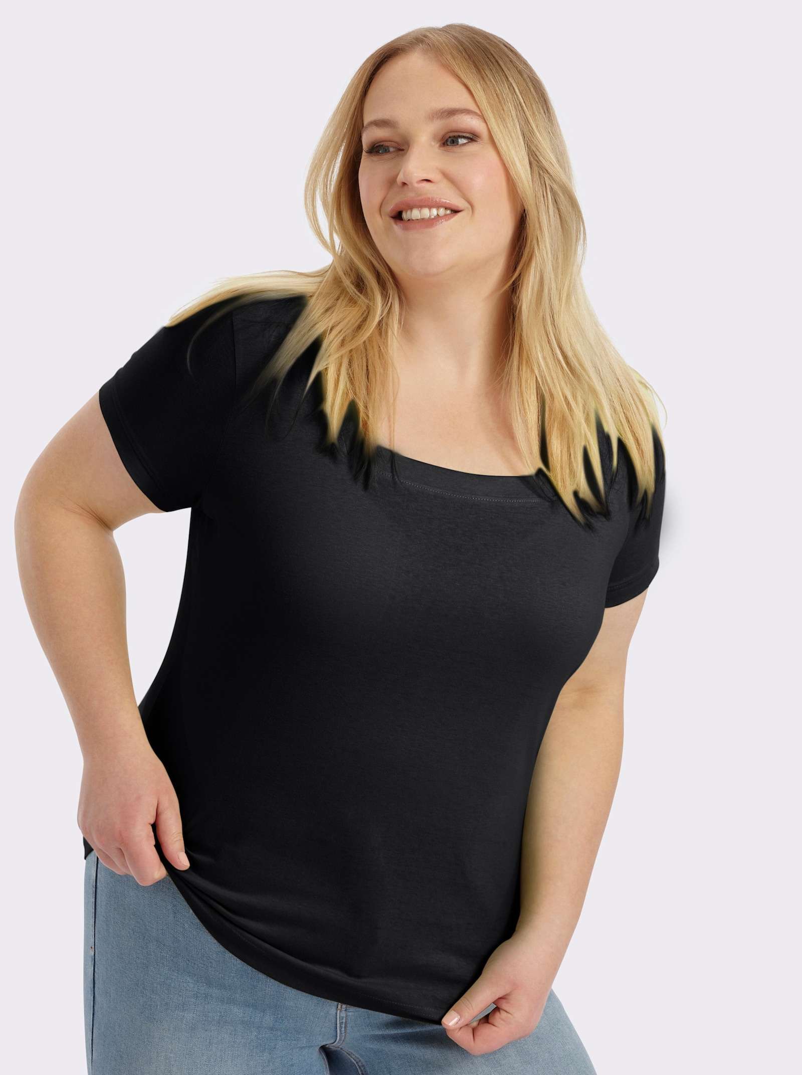 Kurzarmshirt mit Karree-Ausschnitt - schwarz