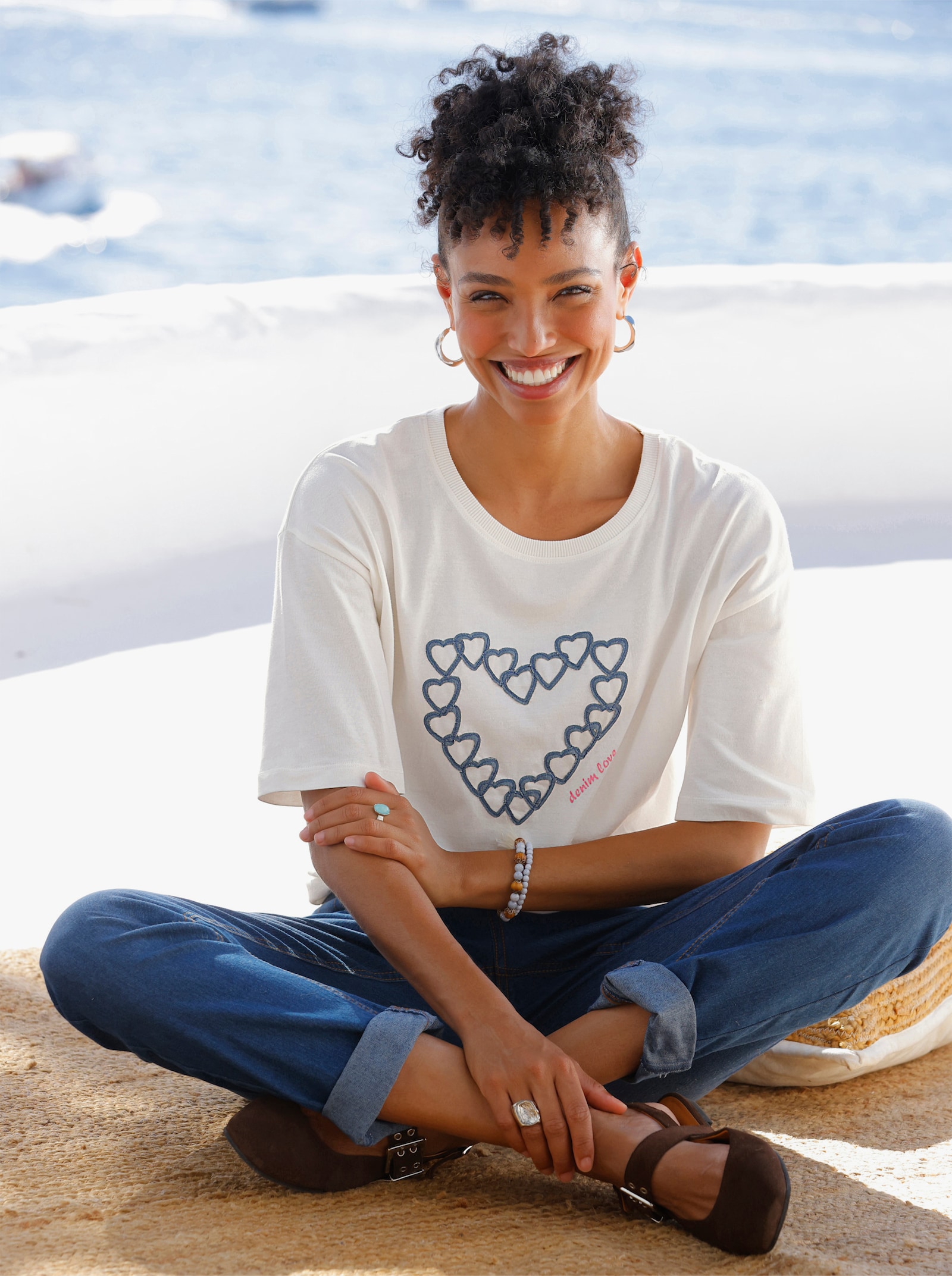 heine Kurzarmshirt mit Jeans-Details - ecru-bedruckt