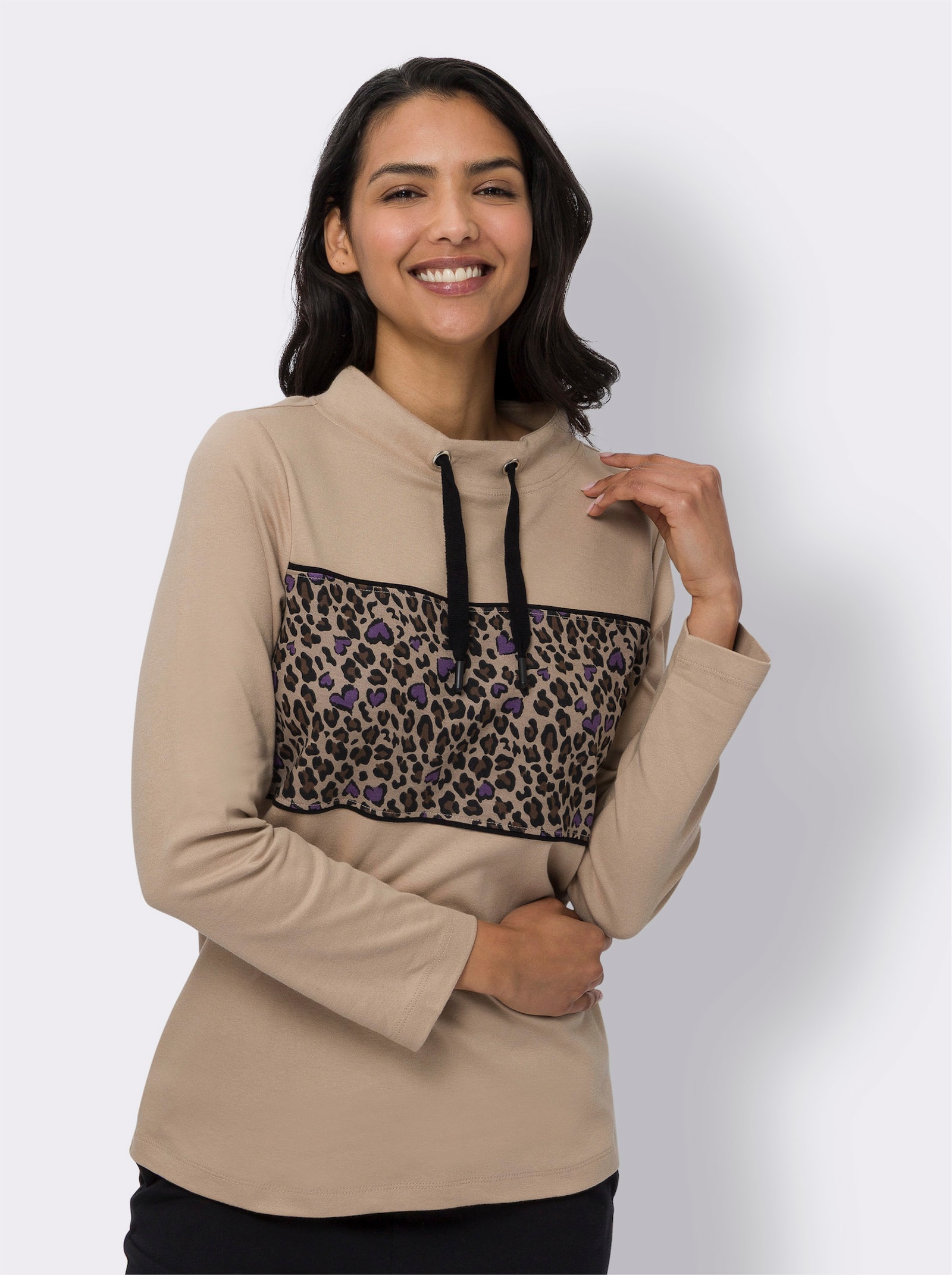 Sweatshirt med leopardinfällning - beige, tryckt