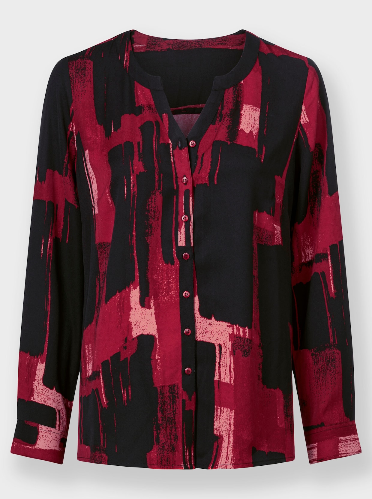 Druckbluse mit Krempelärmeln - schwarz-rot-bedruckt