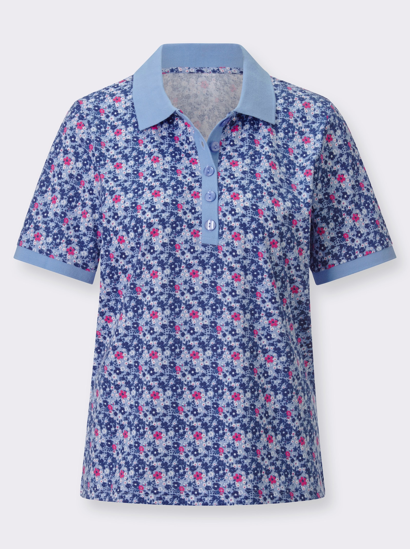 Poloshirt mit Knopfleiste - bleu-fuchsia-bedruckt