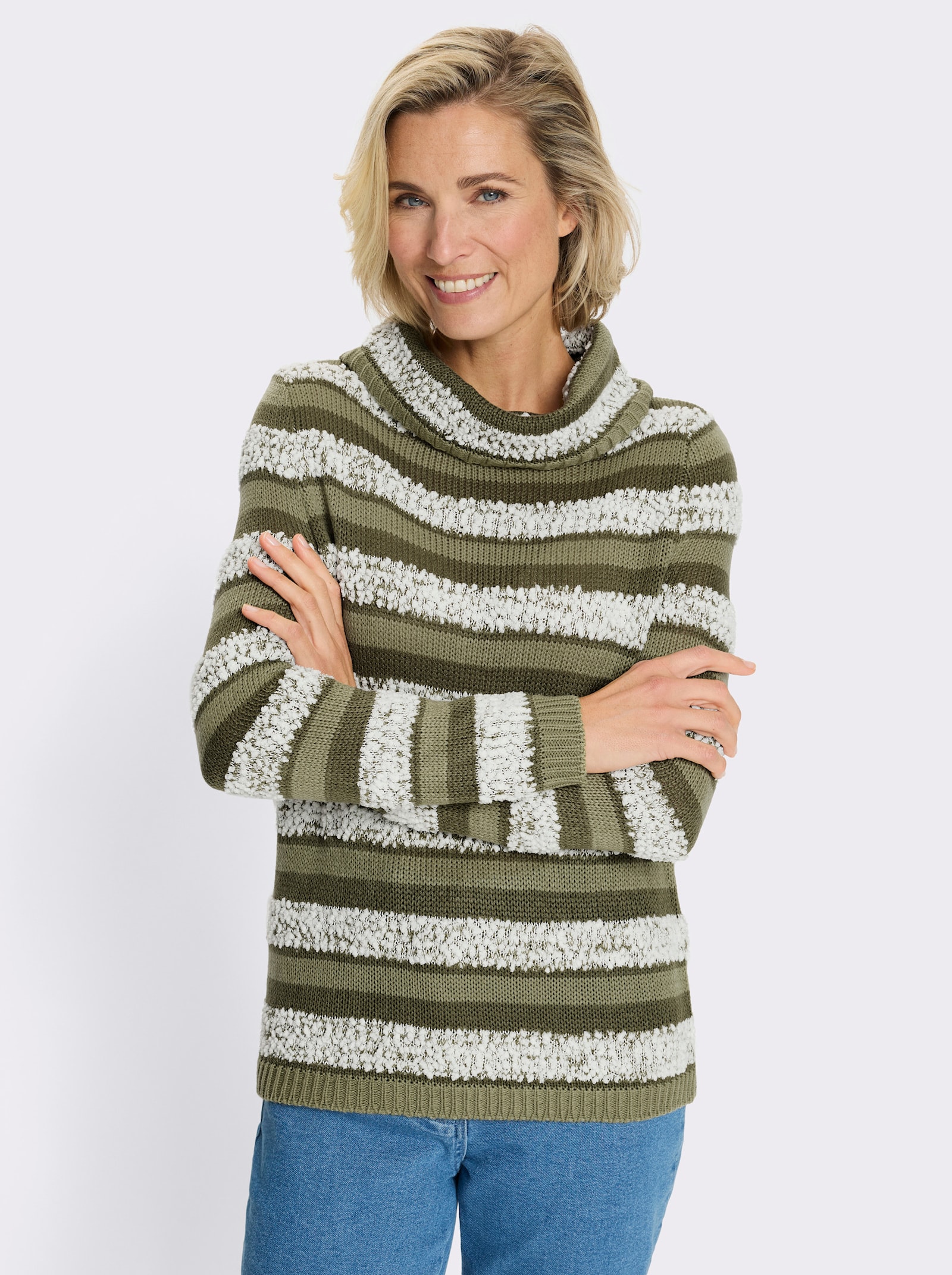 Rollkragenpullover mit Effektgarn - oliv-ecru-gemustert