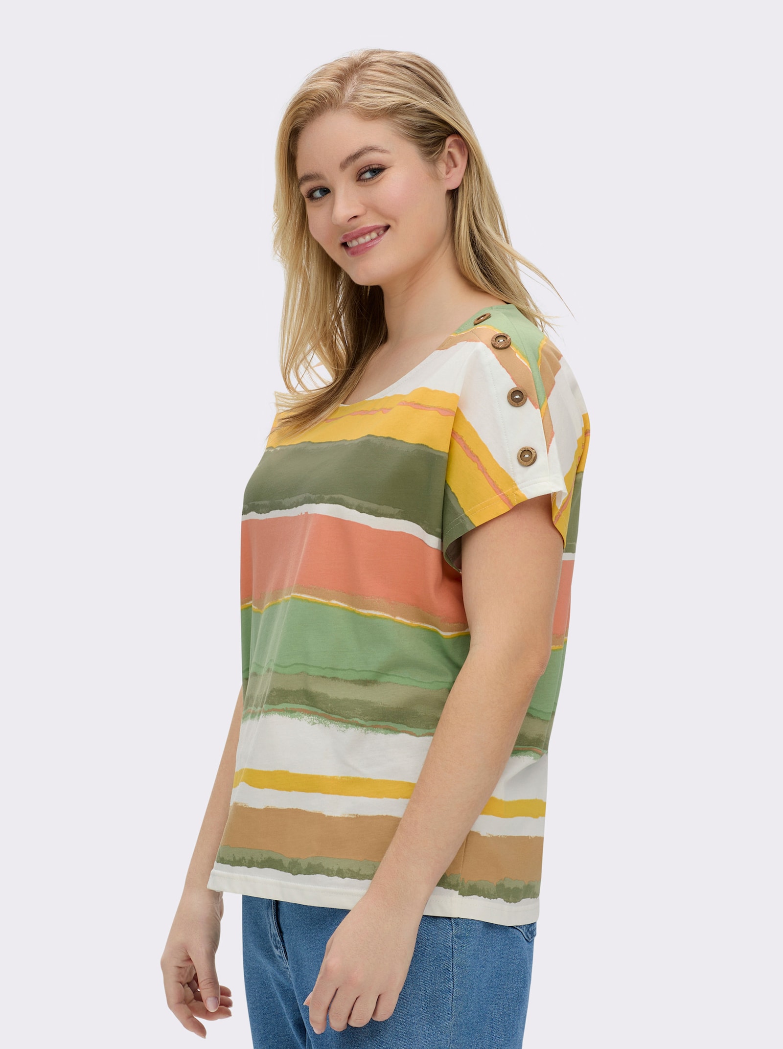 Kurzarmshirt mit Knöpfen in Holz-Optik - khaki-ecru-bedruckt