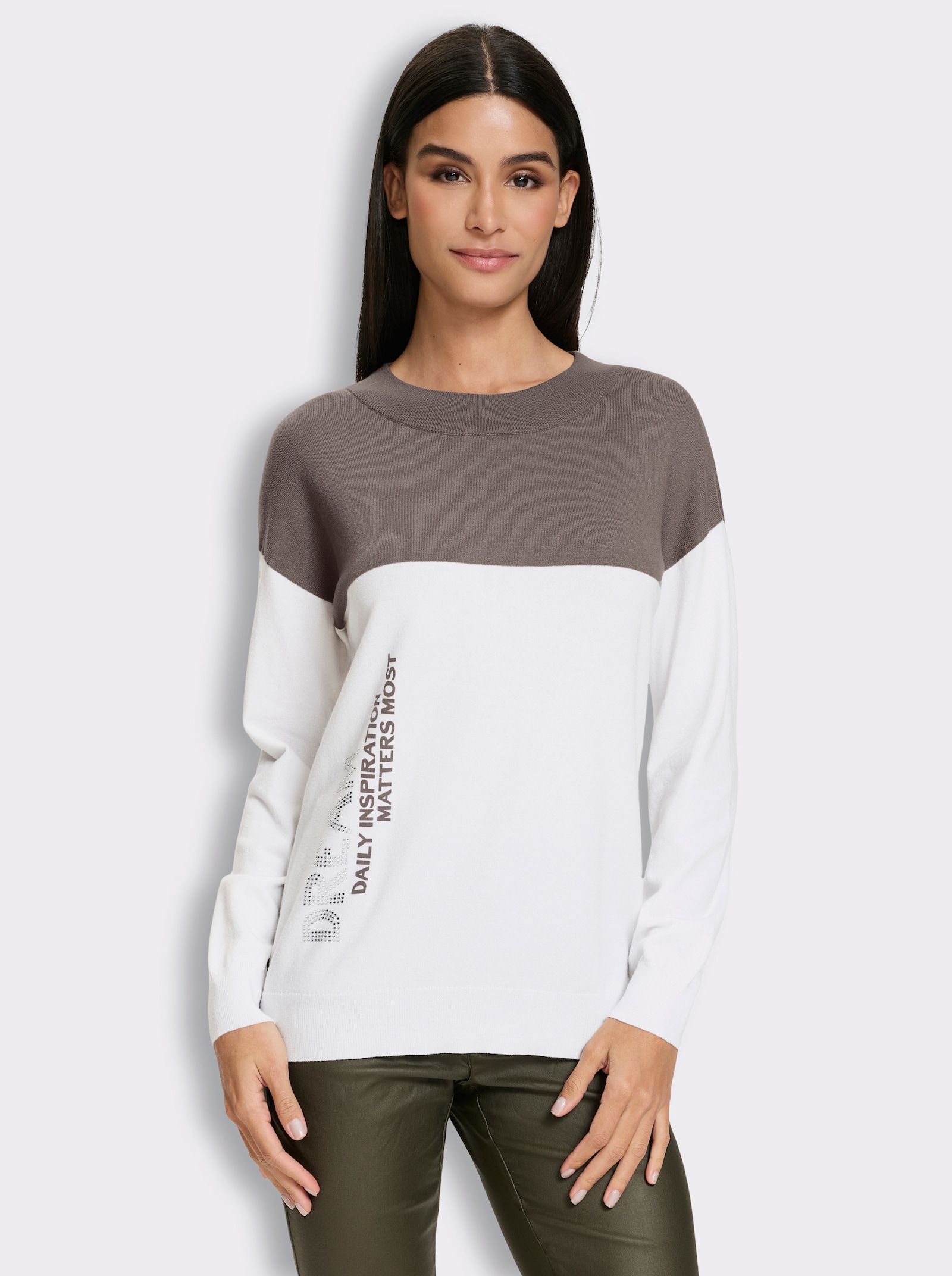 heine Langarm-Pullover im Colour blocking - taupe-ecru-gemustert