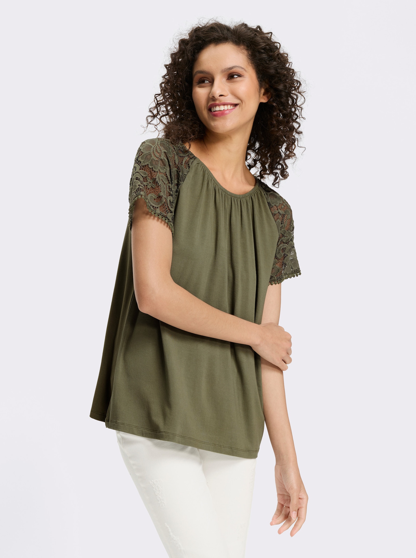 heine Kurzarmshirt mit Spitzen-Ärmeln - khaki