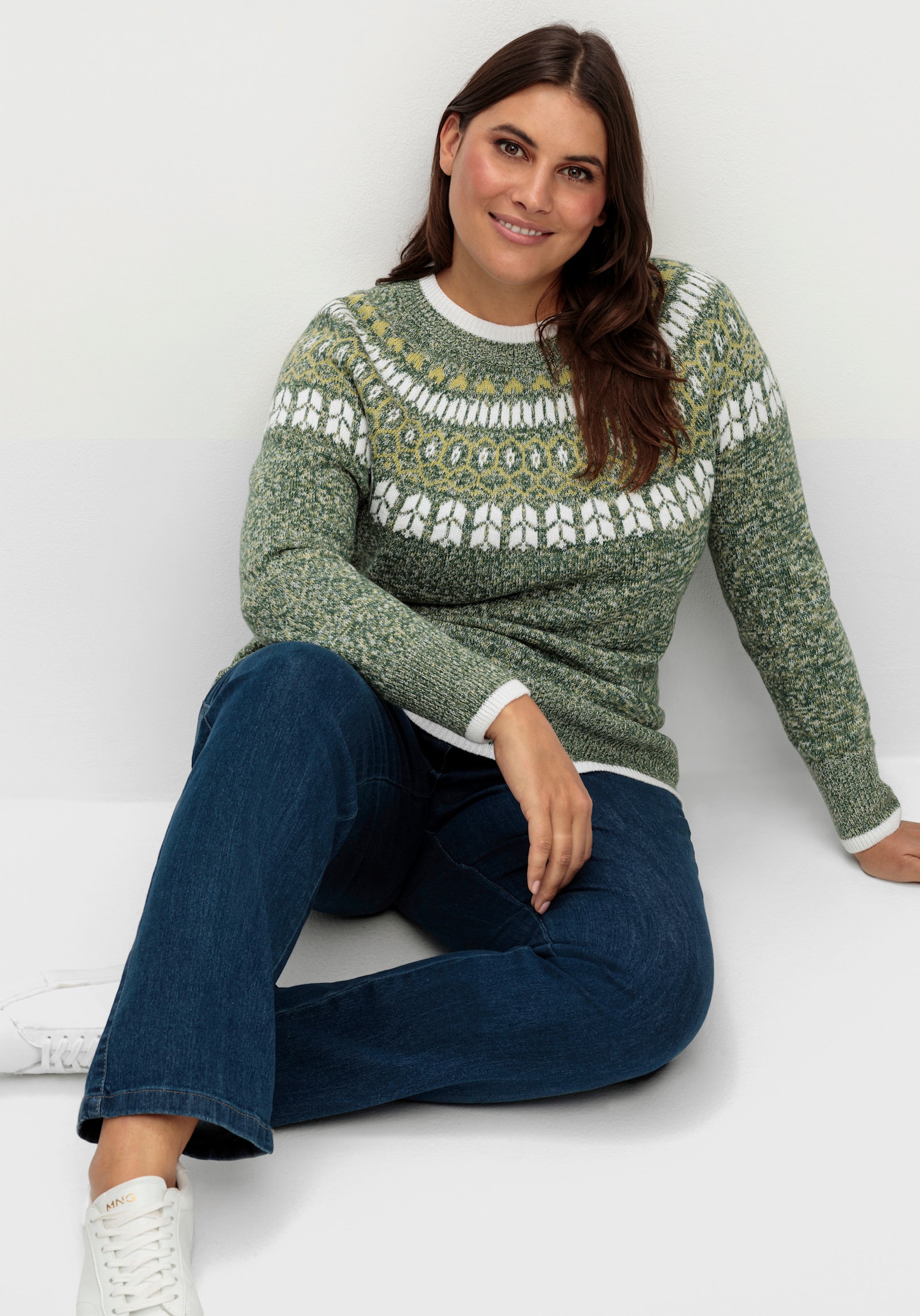 Norwegerpullover mit breiten Rippbündchen - moos-lindgrün-meliert