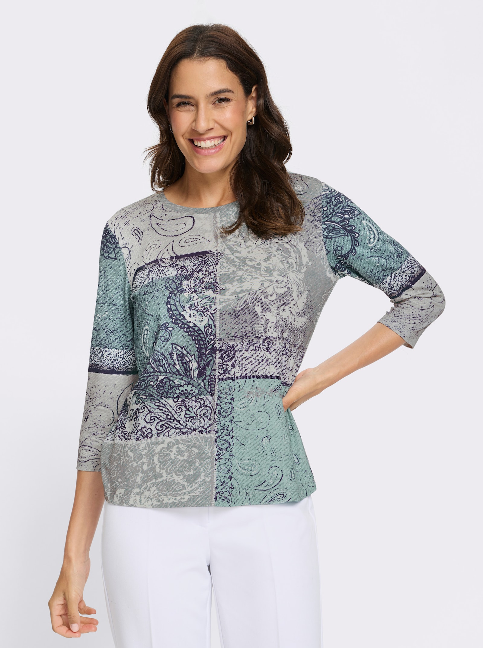 3/4-Arm-Shirt in Patchwork-Dessin - kalkmint-weiß-bedruckt