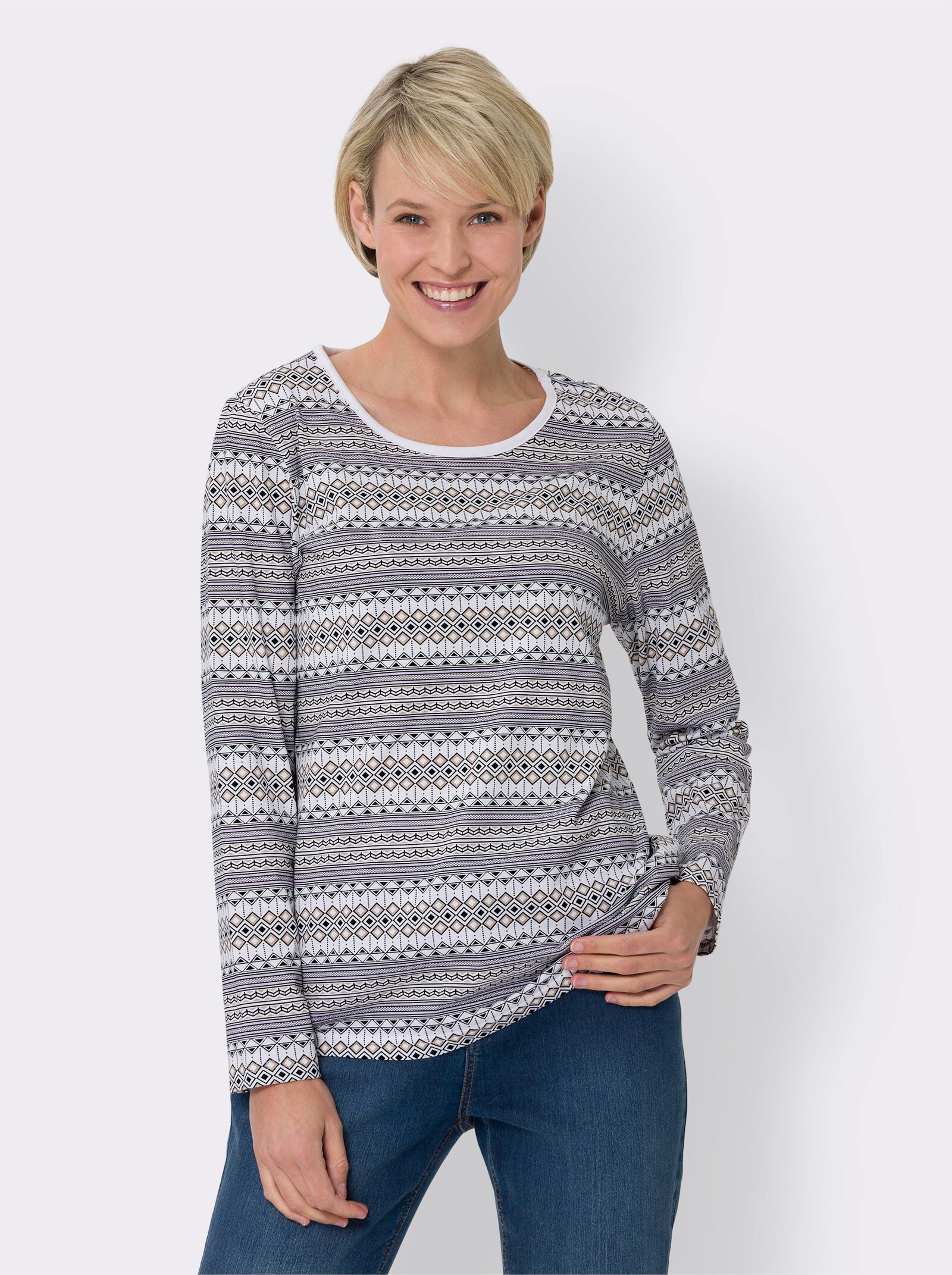 Rundhalsshirt im Norwegermuster - ecru-schwarz-bedruckt