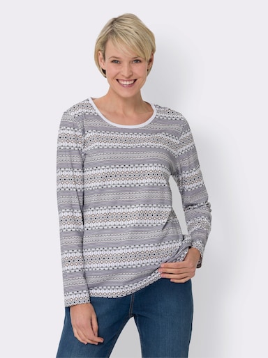 Rundhalsshirt im Norwegermuster - ecru-schwarz-bedruckt