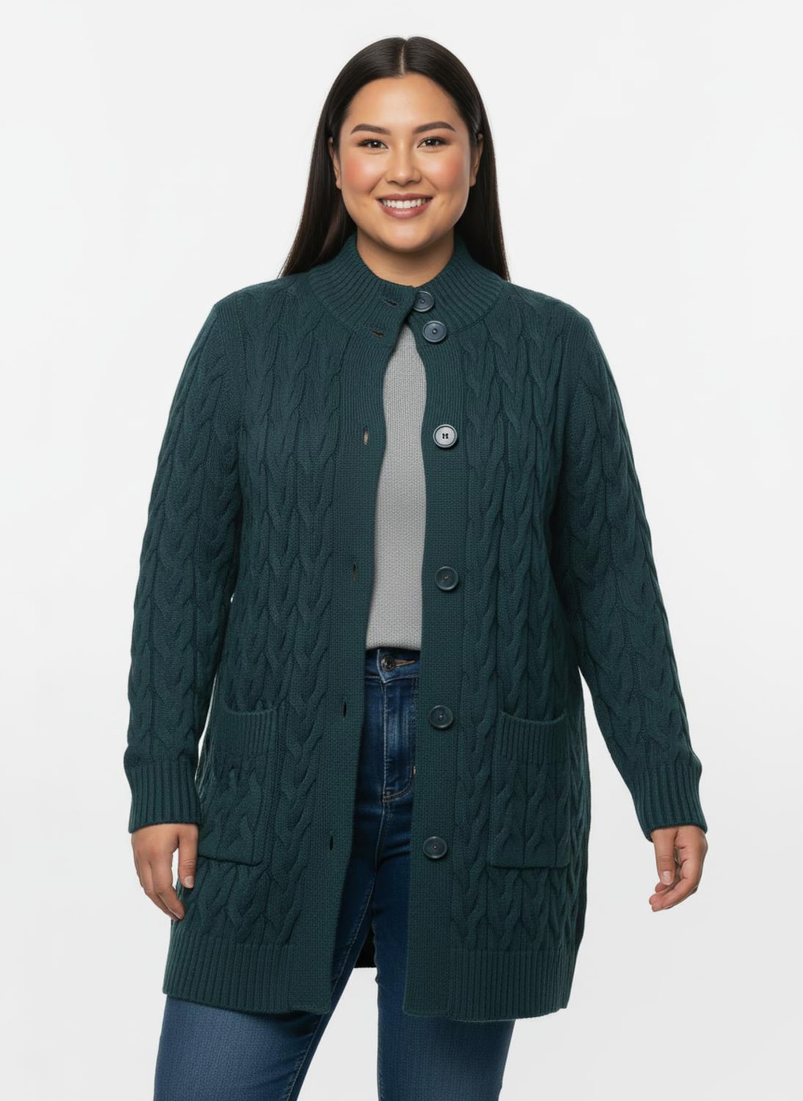 Longstrickjacke mit Zopfmuster - petrol
