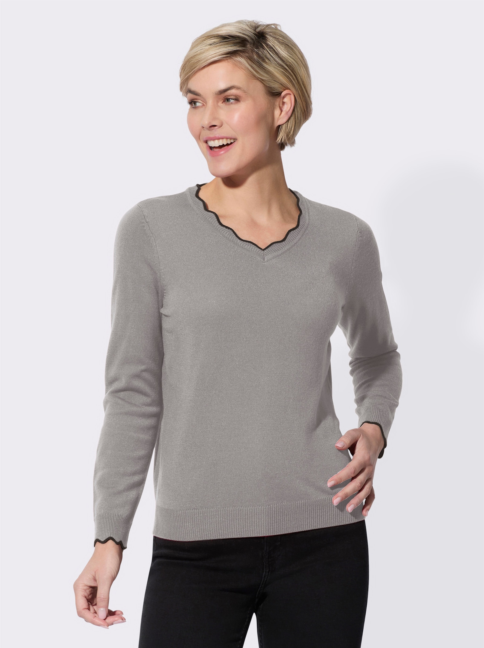 V-Ausschnitt-Pullover mit gewelltem Abschluss - steingrau