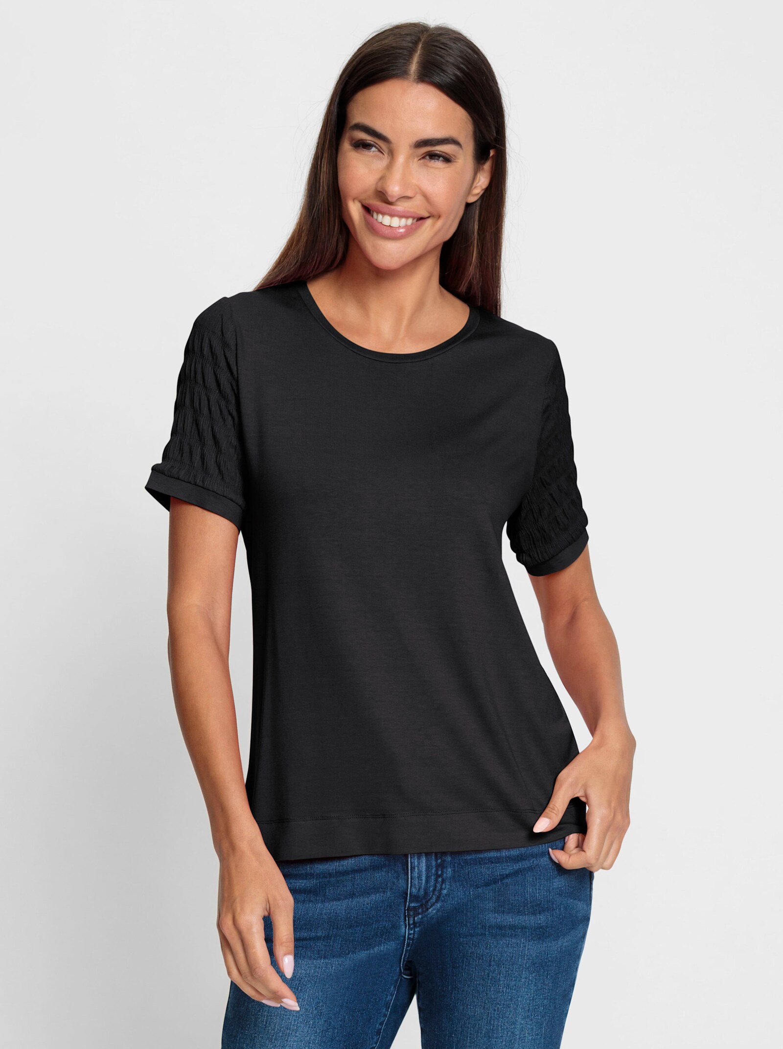 heine Rundhalsshirt mit Smok-Partien - schwarz