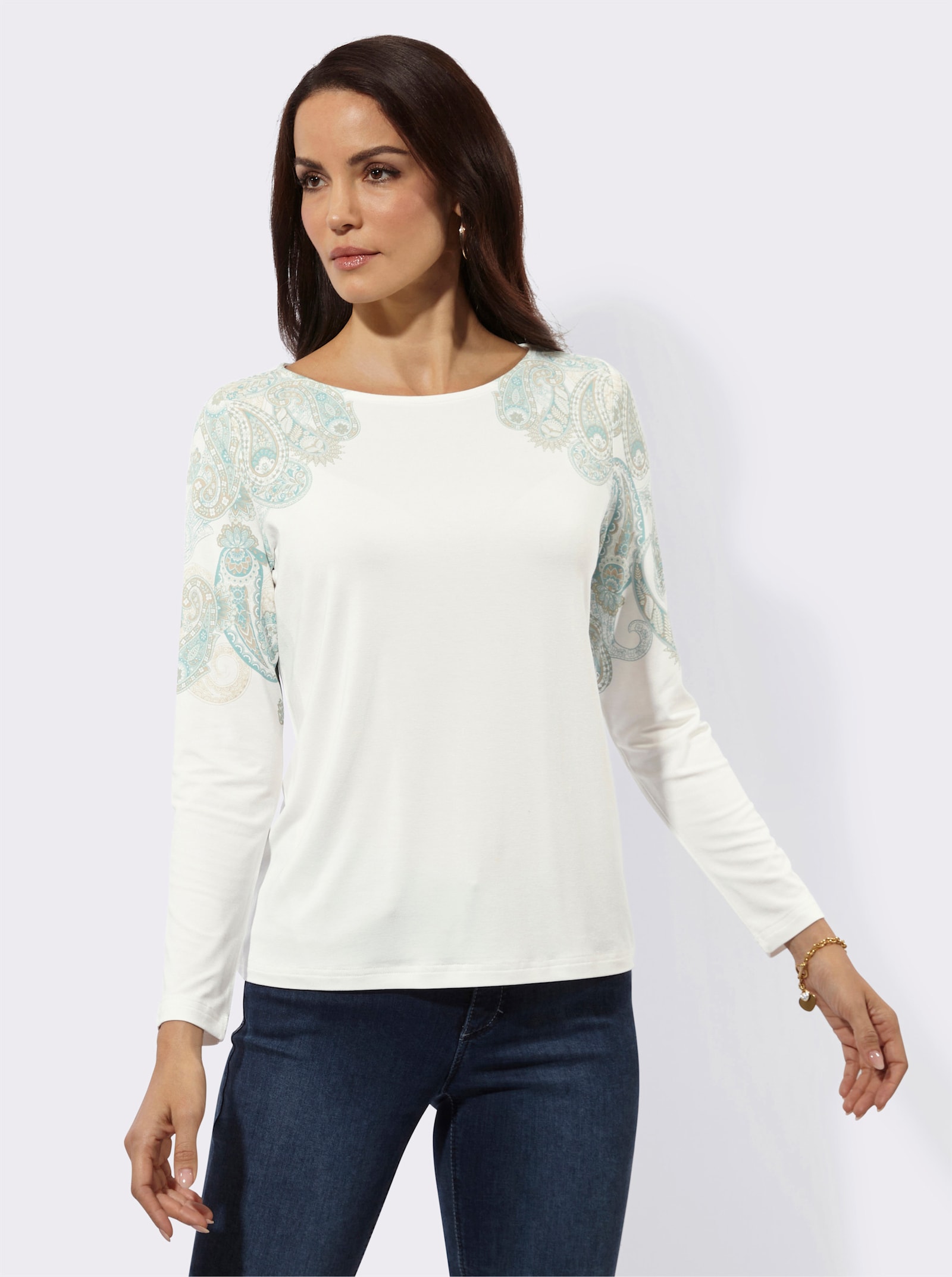 Langarmshirt mit platziertem Paisley-Druck - ecru-salbei-bedruckt